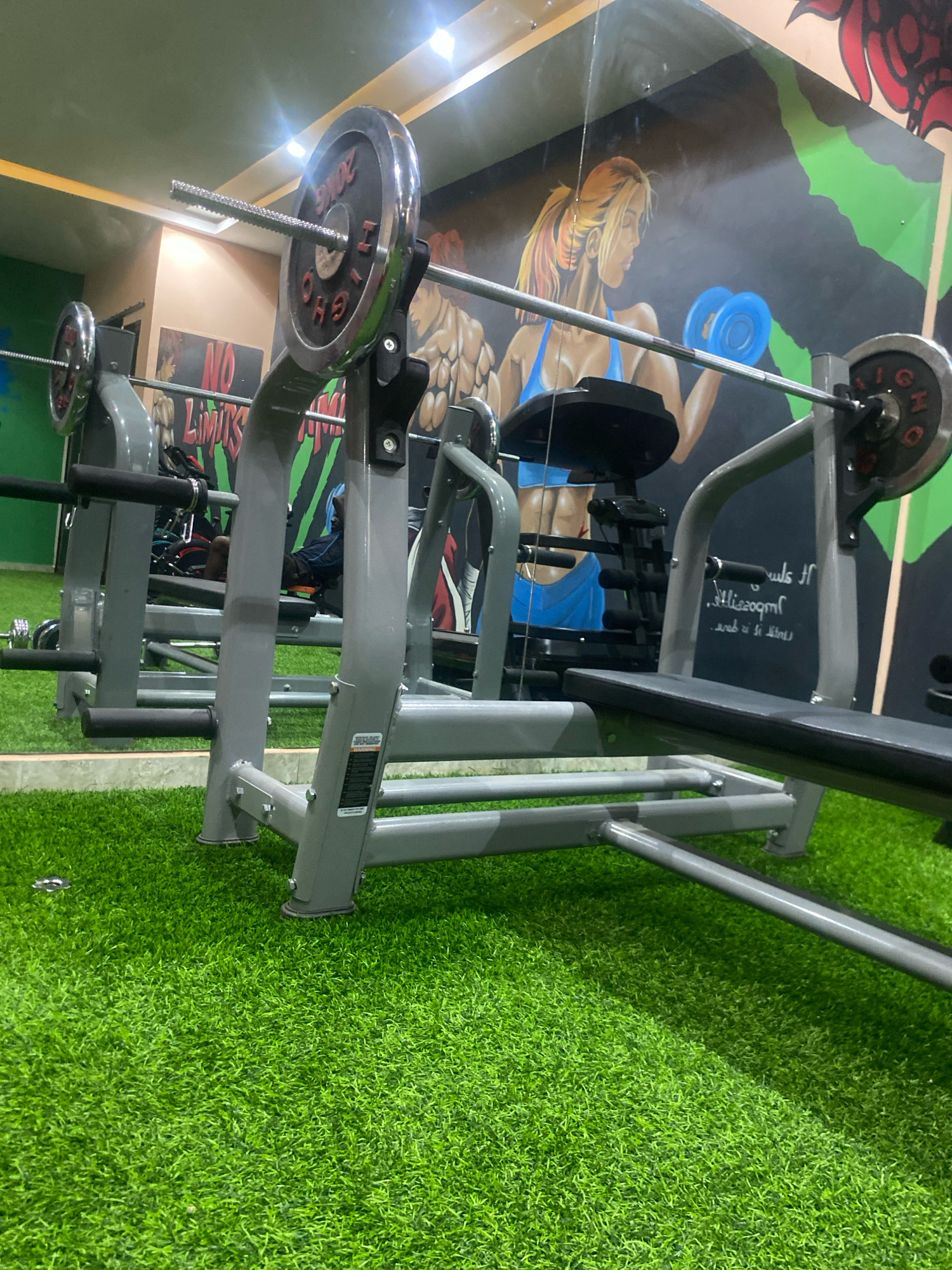 In the city of Barden Yana, Nigeria, a gym is pictured with bright, artificial turf flooring. A weight bench with a barbell and weight plates is the primary focus, positioned centrally. In the background, a motivational mural depicts a muscular man and a woman with blonde hair holding dumbbells, with the text "NO LIMITS" visible. A reflection of the gym equipment and mural is seen in a mirror on the wall.
