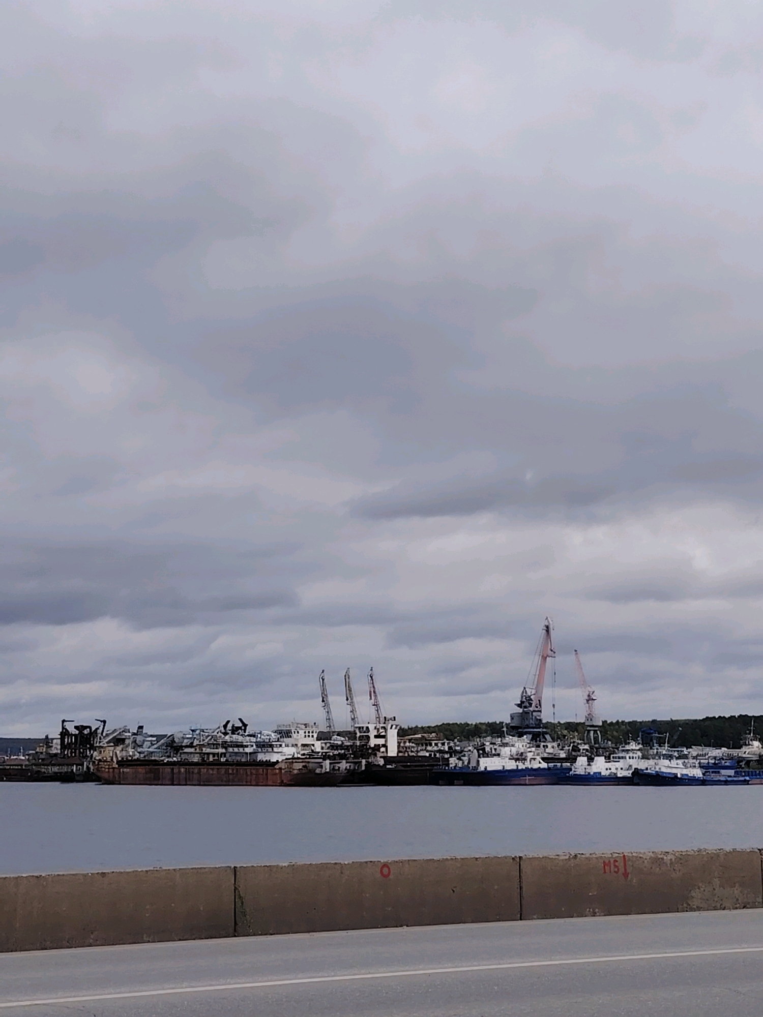 The image shows a cloudy sky over a harbor in the city of Chaikovsky, Russia. The harbor is filled with various ships and cranes. In the foreground, there is a concrete barrier with some markings. The ships include tugboats, cargo ships, and barges. The cranes are tall and industrial, used for loading and unloading cargo. The environment appears to be a working port, with the presence of heavy machinery and vessels. The overall atmosphere is somber due to the overcast weather.