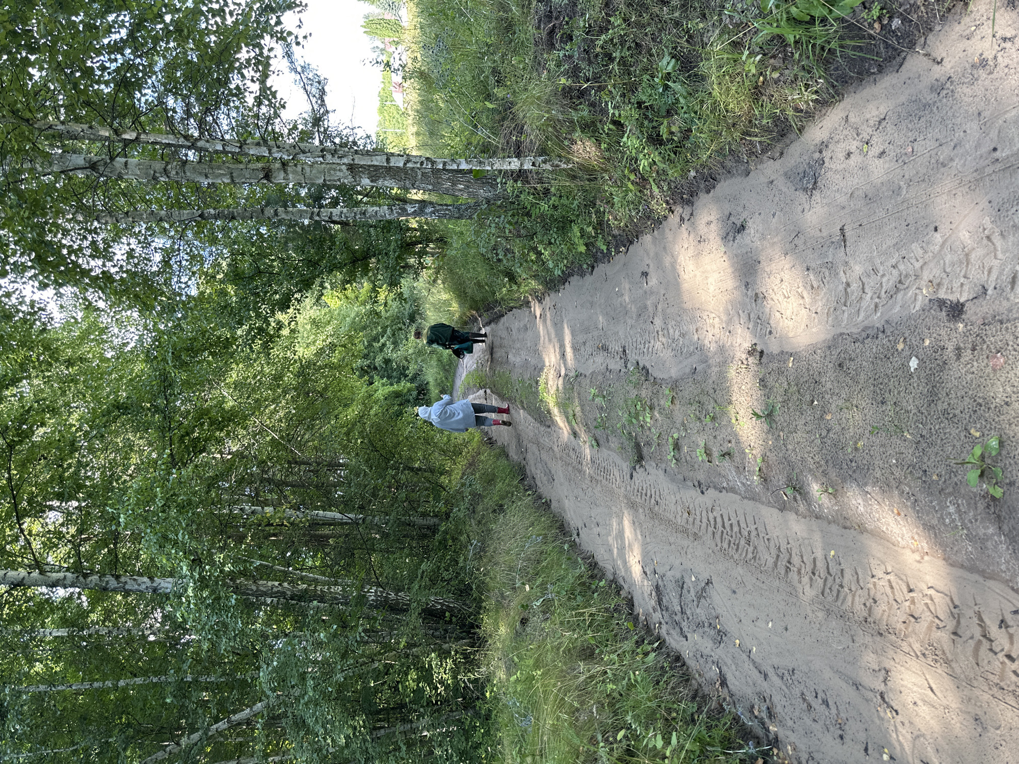 In the foreground of the image, a sandy dirt road curves through a wooded area. The road exhibits tire tracks, indicating it is a path used by vehicles. On the left side of the road, tall grasses and bushes grow, with a dense forest of trees beyond. On the right side, the vegetation is also present, with birch trees prominently featured.
Two individuals are walking away from the camera down the dirt road. The person in front is wearing a light blue hooded jacket, gray pants, and red boots. They appear to be carrying something in their right hand. Behind them, a second person is wearing a dark green jacket and dark pants, and they are carrying a green bag in their left hand.
The scene suggests a walk or hike in a rural or semi-rural environment. The presence of trees and dense vegetation implies a natural setting. The location is specified as Verkhneye Kazachye, Russia.
