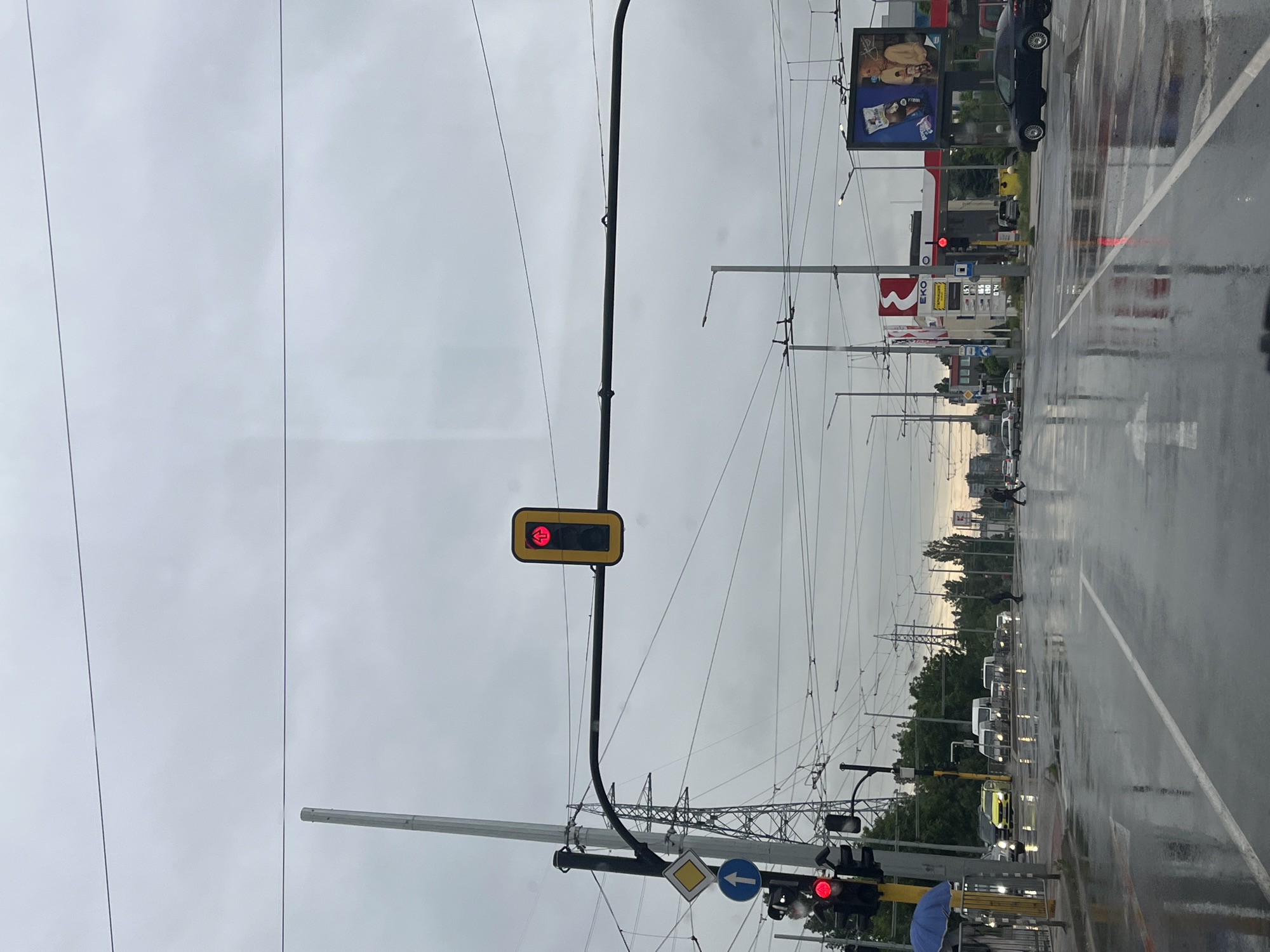 The image depicts an urban street scene in Sofia, Bulgaria, on an overcast and wet day, suggesting recent rain. The perspective appears to be from a vehicle, looking towards an intersection or a stretch of road.
In the foreground, a prominent traffic light displays a red left-arrow signal, indicating that left turns are currently prohibited. Below it, a yellow diamond-shaped "priority road" sign and a blue circular sign with a white left-pointing arrow are visible. Another standard traffic light, showing a red signal, is also present to the right. A person holding a blue umbrella stands near the base of a traffic pole.
The road surface is dark and reflective due to the wet conditions, mirroring the surrounding lights and structures. Numerous vehicles, including cars and vans, are visible on the road, with some stopped at the red light and others further down the street. Overhead, a dense network of wires, characteristic of trolleybus or tram lines and general power distribution, crisscrosses the gray, cloudy sky.
On the right side of the road, a commercial area features an "EKO" gas station, with fuel price displays showing numbers such as "1.63" and "1.59". Above the gas station, an advertising billboard displays images and text. Further in the distance, another large billboard is partially visible, with a "Kaufland" logo discernible, suggesting a supermarket. The overall setting is a bustling city street under dull, cool weather conditions, with traffic at a standstill due to the red lights.