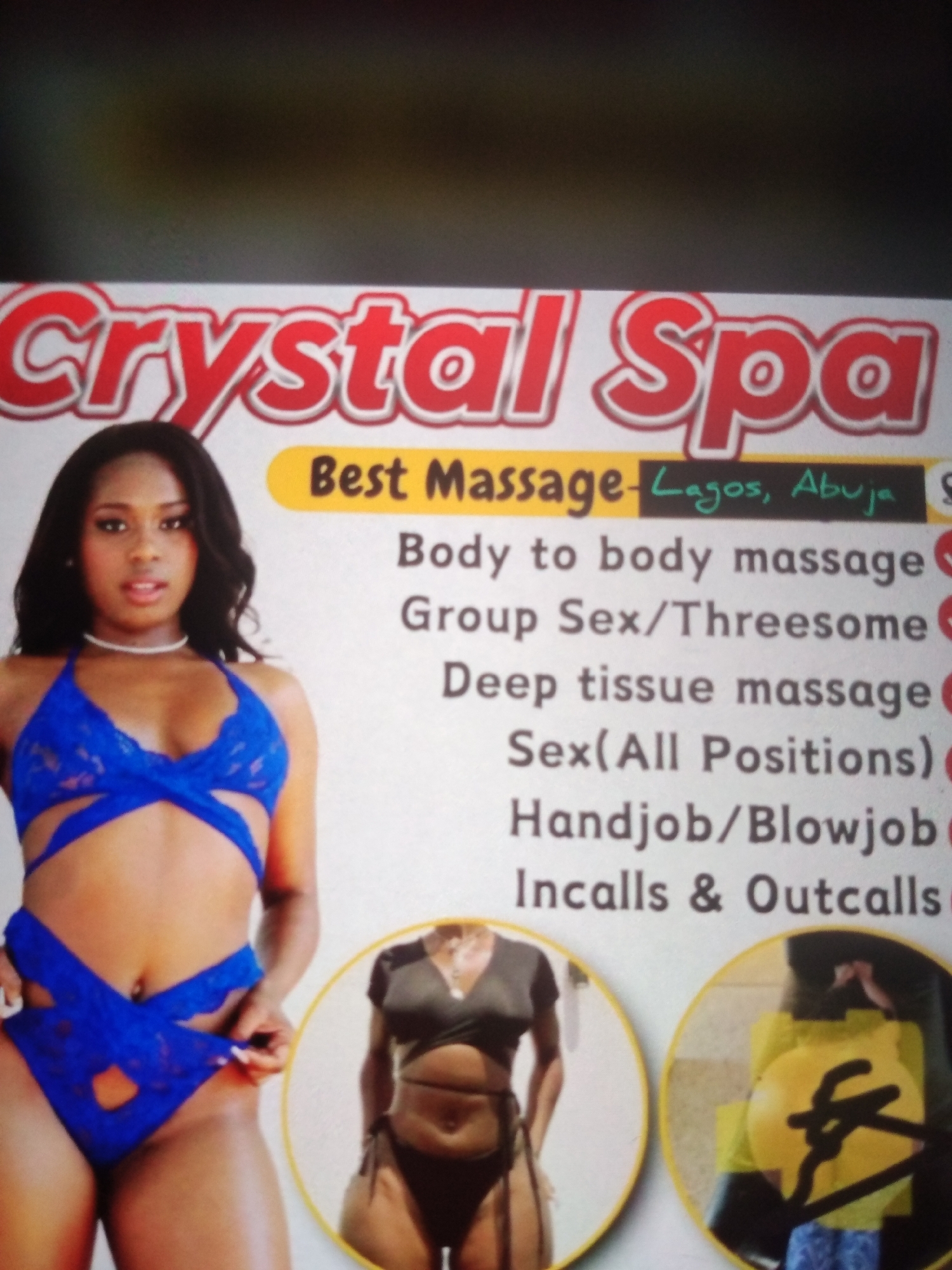 The image displays a flyer for "Crystal Spa" in Lagos and Abuja. The flyer features a woman in a blue bikini. Text on the flyer lists various services offered, including "Body to body massage," "Group Sex/Threesome," "Deep tissue massage," "Sex (All Positions)," "Handjob/Blowjob," and "Incalls & Outcalls." There are also two circular insets showing other individuals, one in a black bikini and another holding a yellow object. The flyer appears to be an advertisement for sexual services. The city of Jalingo, Nigeria is not mentioned or depicted in the image.