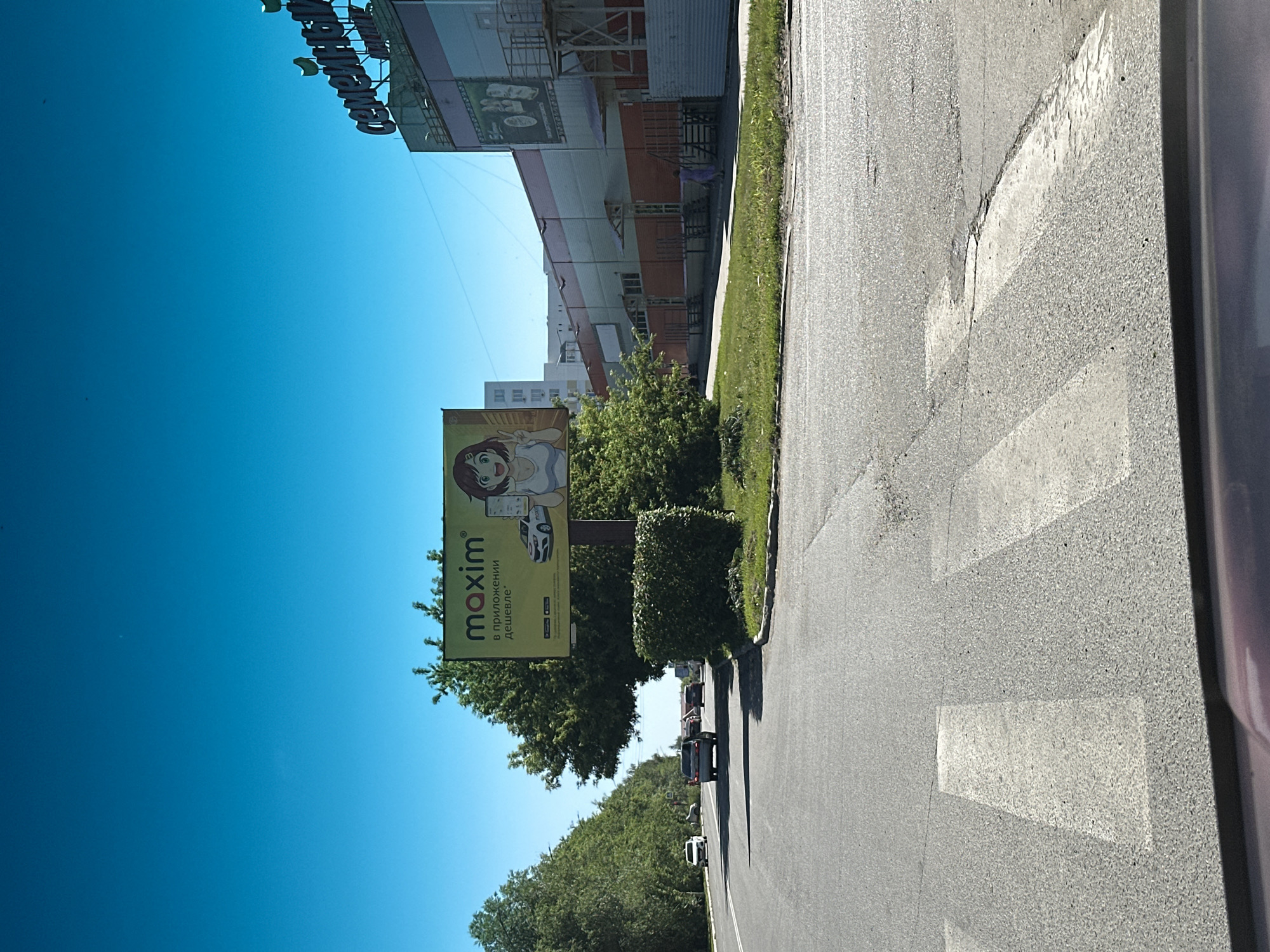 The image is a photograph taken from a vehicle on a sunny day in Novoaltaysk, Russia, looking towards a road and a large building. A billboard advertising "maxim" with an anime-style character and a car is prominently visible on the left side of the road. The building on the right has a large sign reading "СЕМЕЙНЫЙ". The road has a pedestrian crossing in the foreground. Several cars are on the road, and a few people are visible walking near the building. The environment is urban with trees and a clear blue sky.