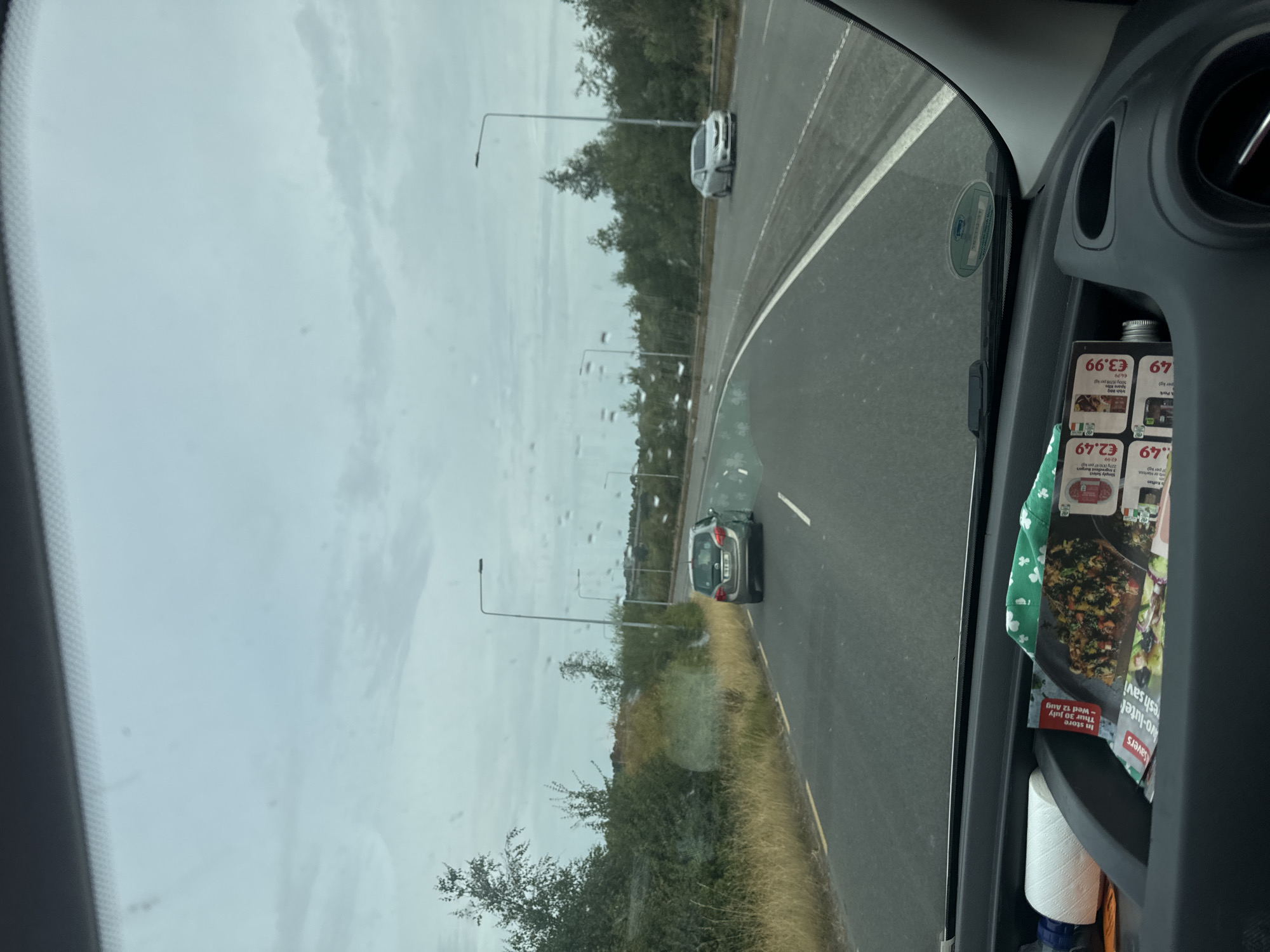 A grey vehicle drives down a wet road in Ireland under a cloudy sky. The view is from inside another vehicle, looking out through the windshield, which shows water droplets and smudges. To the left of the road is a grassy verge with trees and bushes. Streetlights line the right side of the road, and another silver car is visible in the distance. Inside the car in the foreground, on a shelf, are several items including a roll of white material, some brochures, and a green fabric with shamrock patterns. The brochures appear to be from a grocery store, with prices displayed in Euros.