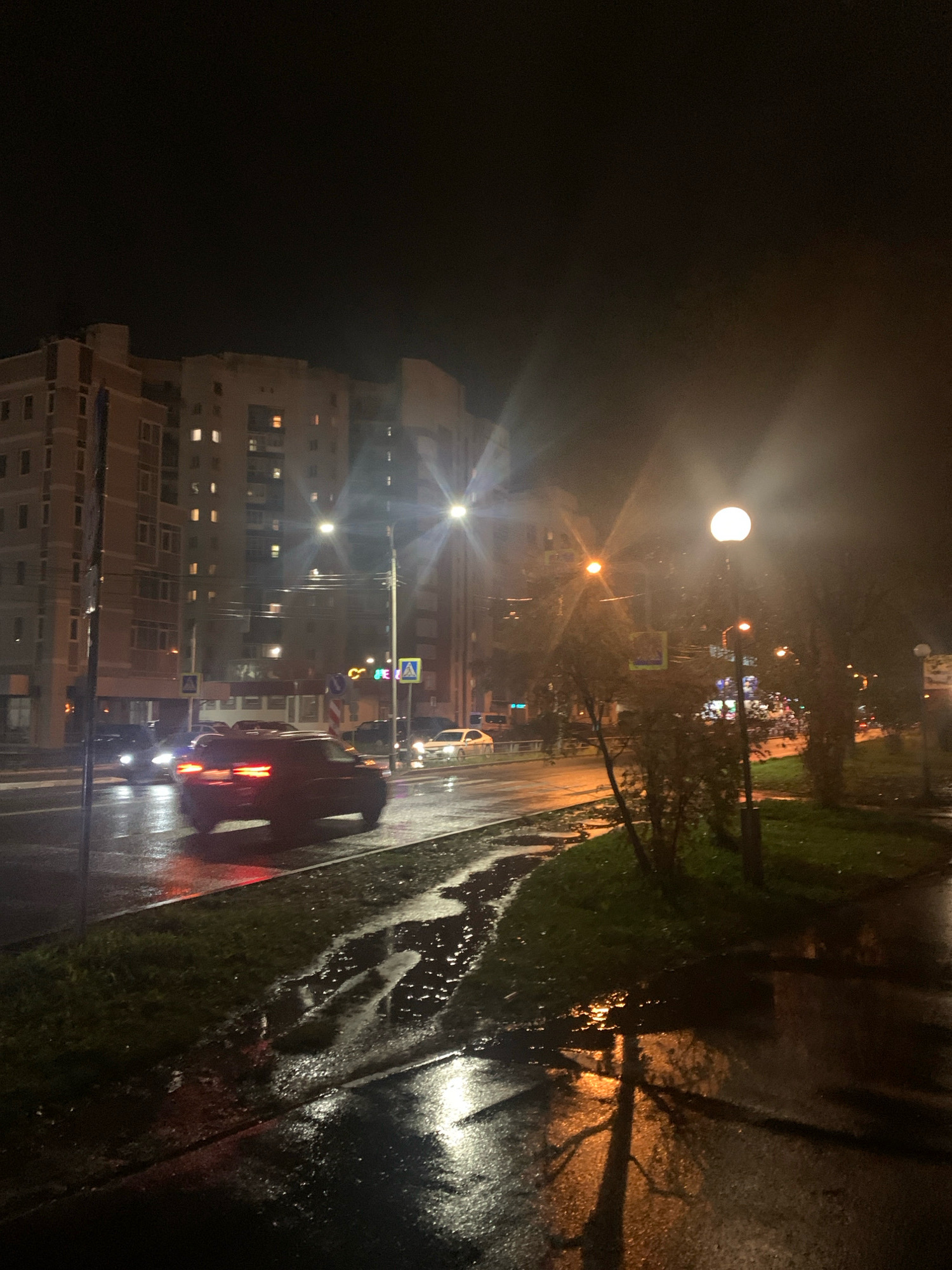 The image depicts a nighttime scene on a street in Arkhangelsk, Russia, likely after a rainfall. The wet asphalt reflects the light from street lamps and passing vehicles, creating a glossy, almost mirror-like surface with puddles. On the left, a multi-story residential building stands, its windows illuminated, suggesting occupancy. Across the street, a line of trees with sparse foliage is visible, casting shadows on the grass. Several cars are on the road; one dark SUV is in the foreground, its brake lights illuminated, and other vehicles with their headlights on are further down the street. Traffic lights and pedestrian crossing signs are also present, indicating an urban environment. The overall atmosphere is dark and moody, characteristic of a city at night during inclement weather.