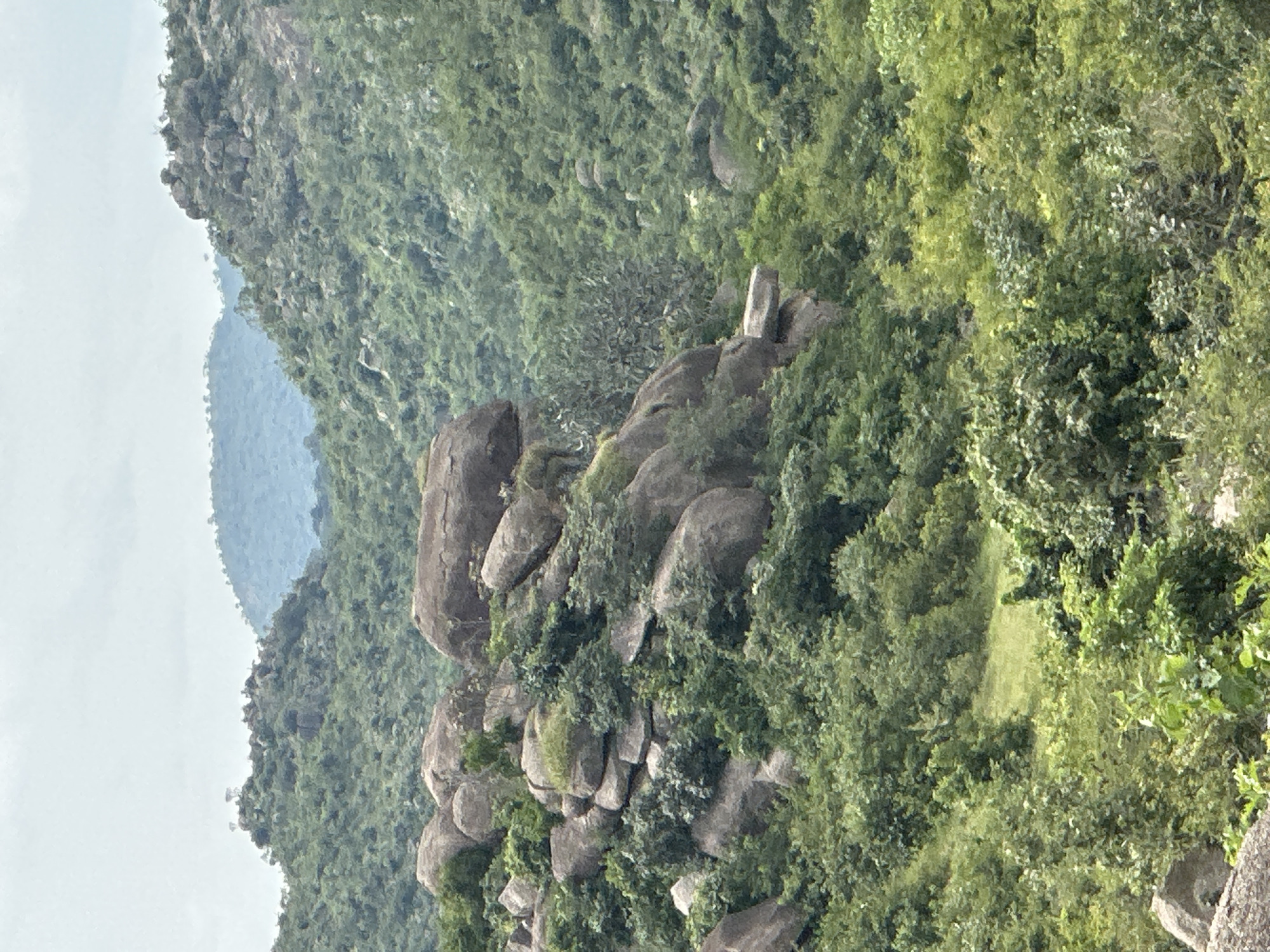 The image depicts a mountainous landscape covered in lush green vegetation. Large, rounded boulders are scattered across the slopes, some forming formations that appear to be natural rock outcrops. The scene is characterized by a hazy, overcast sky, suggesting either a cloudy day or atmospheric moisture. The terrain is rugged and appears to be largely undeveloped, with dense foliage dominating the landscape. In the distance, rolling hills or mountains are visible, fading into a bluish haze. The overall impression is one of a natural, untamed environment.