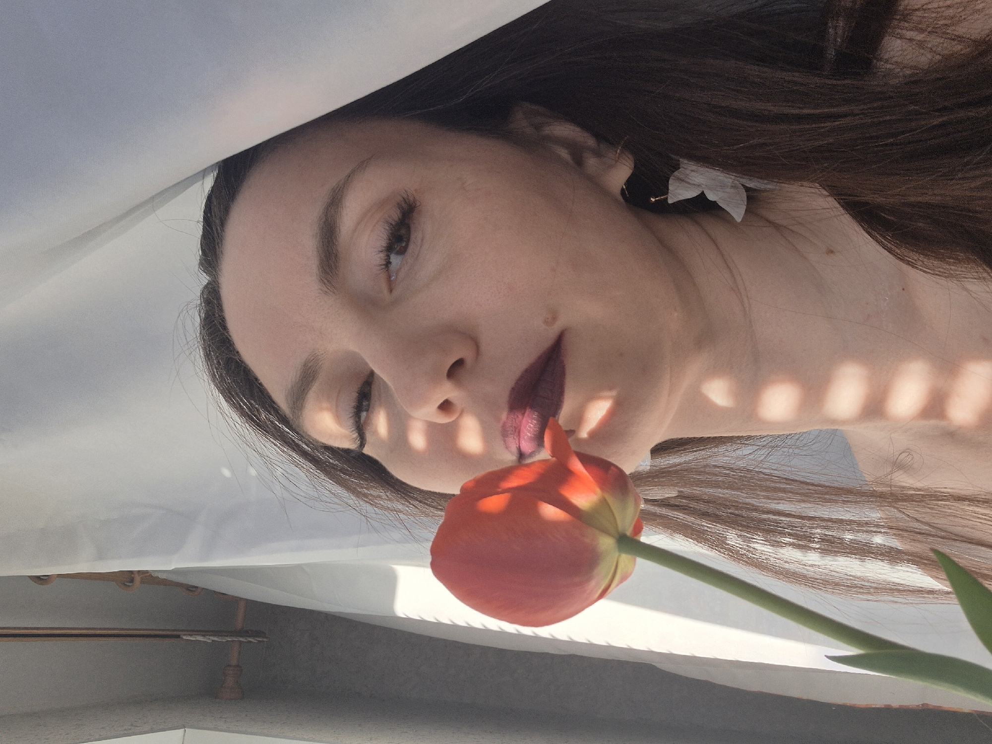A woman with long brown hair is lying down, holding a red tulip near her mouth. Light is streaming through what appears to be a window or opening, creating shadows across her face. She is wearing dark lipstick and a light-colored earring. A white cloth is partially visible above her head, and a decorative metal object is in the lower left corner of the image. The location is in the city of Unknown, Unknown.