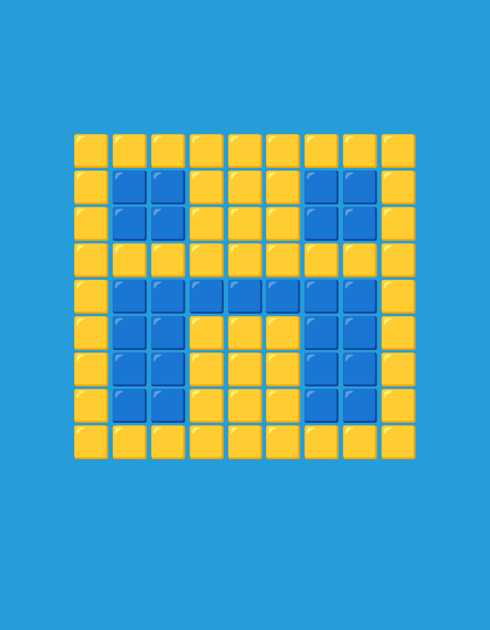 A grid of 10x10 squares, alternating blue and yellow, forms the shape of the letter "M." The background is a solid blue color. The image is cropped vertically, with the top and bottom portions of the blue background visible.