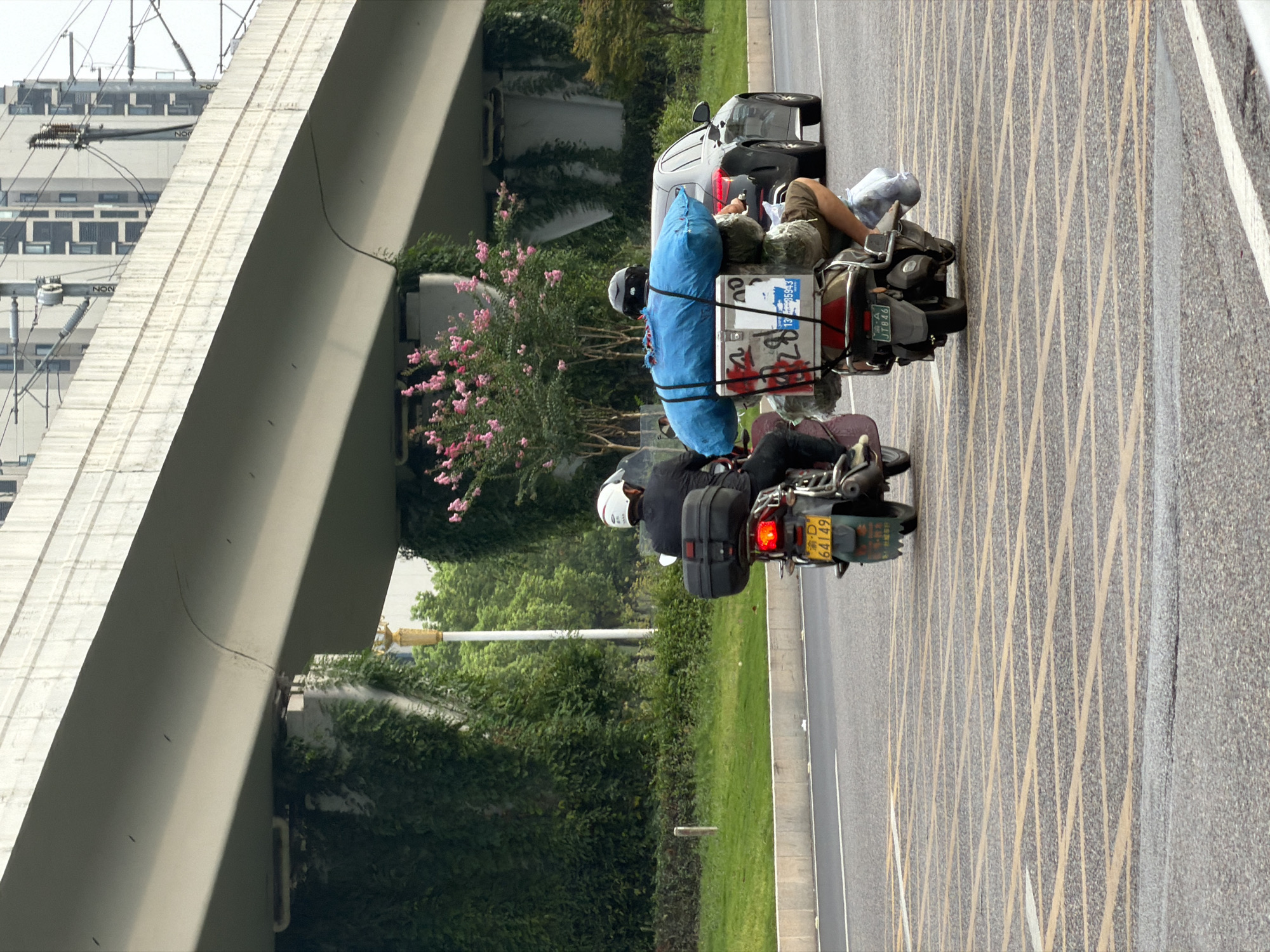 Two individuals on motorcycles are seen traveling on a road in Jiangjin, China, under an elevated concrete structure. The motorcycle on the left is ridden by a person wearing a white helmet and a dark top. The motorcycle has a black storage box mounted on the rear and a yellow license plate with the number "D 64149". The motorcycle on the right is ridden by a person wearing a black helmet and a camouflage-patterned jacket. This motorcycle is heavily laden with cargo, including a large blue item strapped to the back and several bags and boxes secured to the rear storage area. The cargo includes a red-and-white box with writing on it and what appears to be a blue plastic bag. A black car is visible in the right lane, slightly ahead of the motorcycles. The environment includes dense green foliage covering the supports of the elevated structure, a line of trees, and a light pole. The road surface is asphalt with yellow crosswalk markings. The sky is overcast.