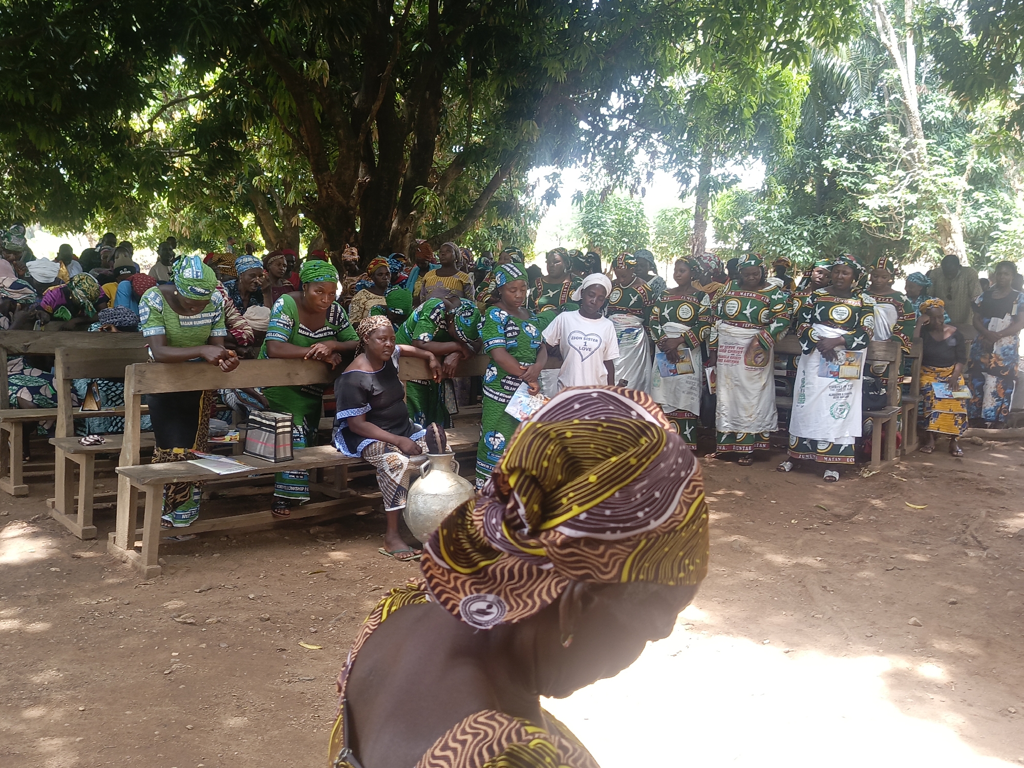 The image shows a group of women gathered outdoors, likely in a rural area of Ninzo South, Nigeria. Most of the women are wearing colorful, patterned dresses and headwraps. Some are seated on wooden benches, while others stand. One woman in the foreground is wearing a distinctive headwrap with brown, yellow, and white patterns. A woman is wearing a t-shirt that says “ZION SISTER LOVE”. One of the standing women in the middle of the group is wearing a white t-shirt. There is a large tree providing shade for the group. Some women are holding white paper with writing. The setting appears to be a dusty, open area. There appears to be a metallic jug next to the woman seated on the bench. There are multiple wooden benches with people seated on them.