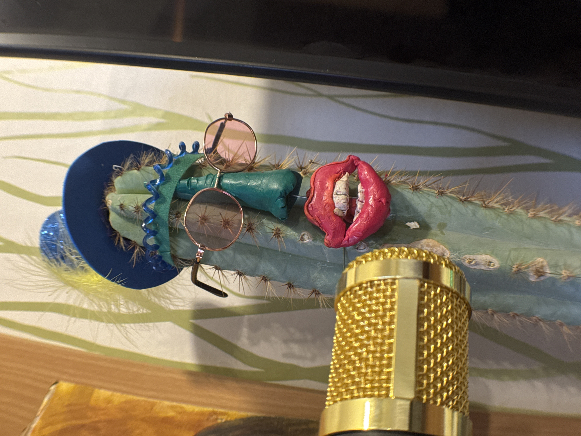 A close-up shows a cactus with a blue hat, teal-colored wrap, round sunglasses, and red clay lips with teeth. A gold microphone stands in front of the cactus, and the scene sits on a surface with a patterned background, likely indoors. The image does not reveal any information to determine its location as Novo-Nikol'skoe, Russia.
