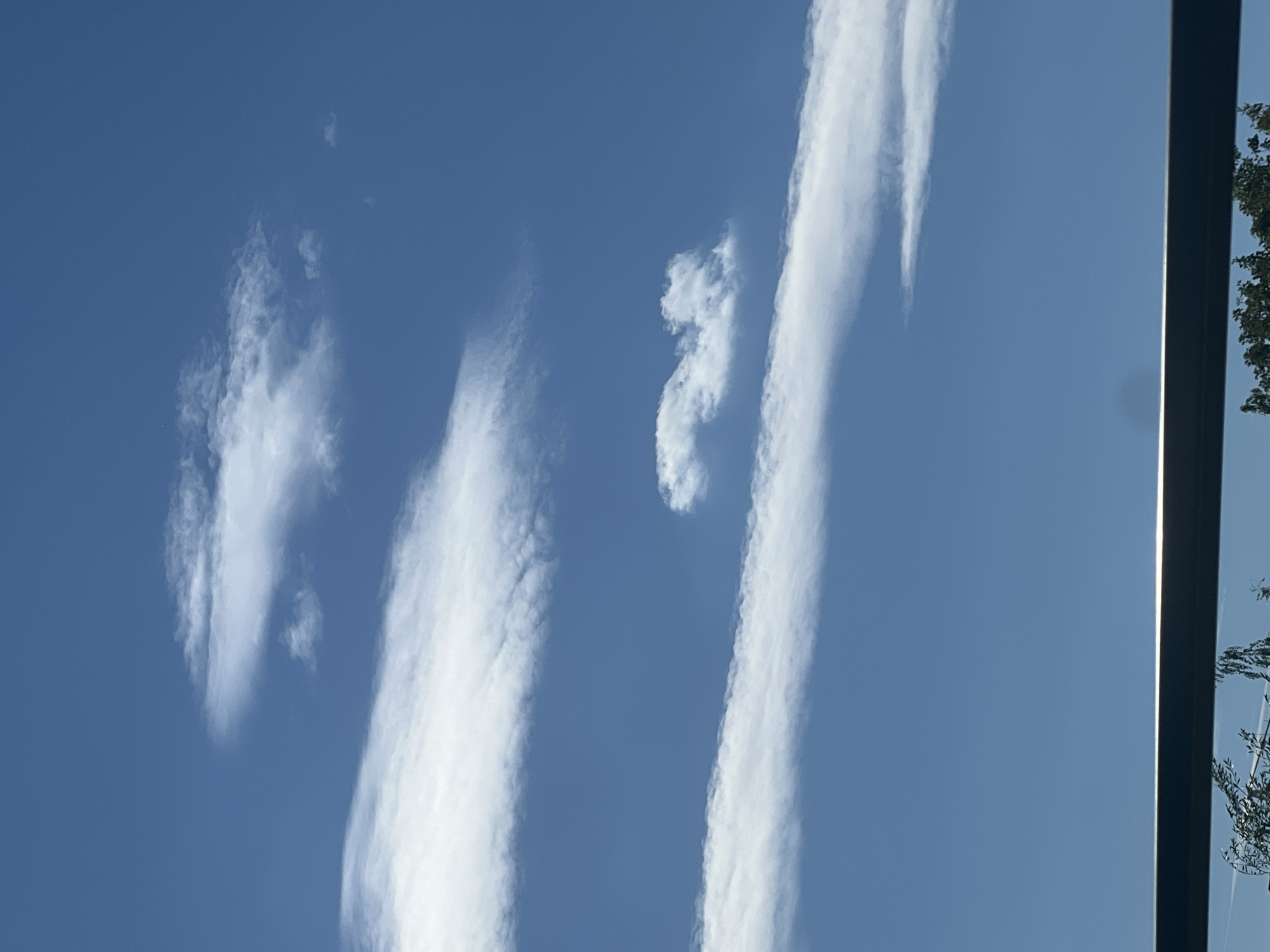 A bright, clear blue sky is visible, sparsely populated with wispy white clouds. Several horizontal cloud formations stretch across the frame, appearing as long, thin bands. One smaller, more compact cloud is situated in the middle of the frame. The lower portion of the image shows a dark, horizontal bar, likely a railing or window frame, with the tops of green trees visible below it. The scene is devoid of people or any specific urban indicators that would place it in Warsaw, Poland.