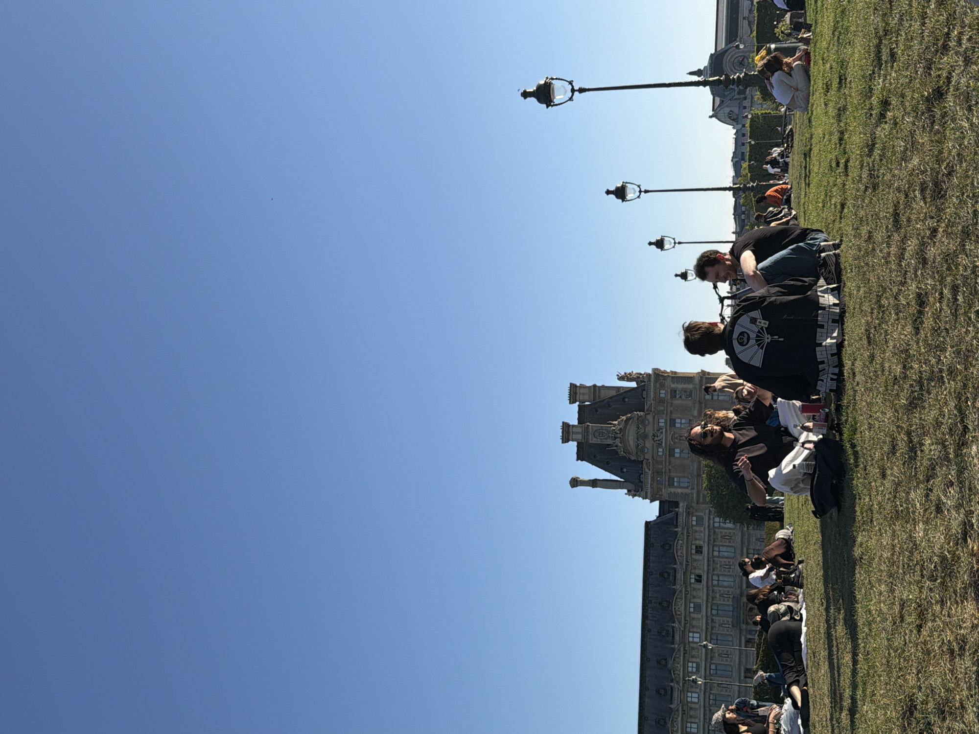 This image depicts an outdoor scene under a clear, bright blue sky. A wide expanse of green grass occupies the right side of the frame, where numerous people are sitting and lounging. In the background, on the far right, grand, ornate stone buildings with intricate architectural details and multiple windows are visible, strongly resembling the Louvre Museum in Paris. Several classic black street lamps with decorative tops line the edge of the grassy area in front of the buildings.
The activity taking place is people relaxing on the grass, likely enjoying the sunny weather. They are casually dressed, with some individuals appearing to be socializing or simply resting. One person in the foreground wears a black jacket featuring a distinct white graphic design on the back, which includes some text that is difficult to decipher, possibly starting with "THI" or "THT". The time of day appears to be daytime, given the bright light and clear sky, suggesting pleasant, warm weather. The overall mood is one of leisure and tranquility within a public park setting, with the iconic Parisian architecture serving as a backdrop.