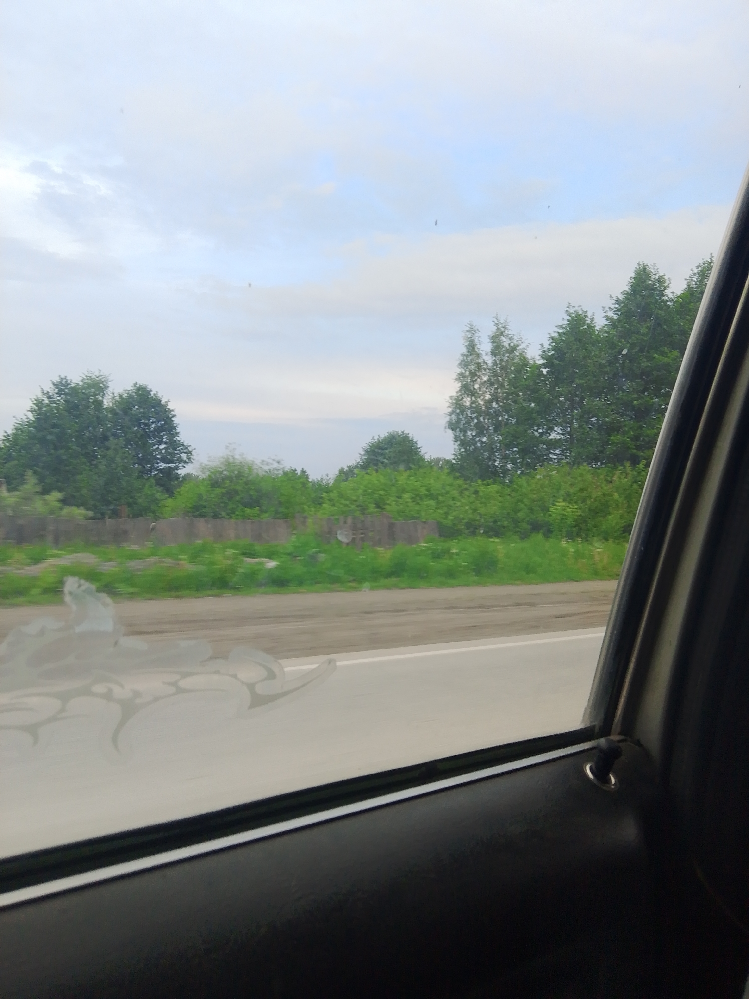 The image captures a view from inside a vehicle, looking out the window. The scene depicts a rural or semi-rural landscape with a gray, overcast sky and scattered white clouds. The time of day appears to be daytime, likely late afternoon or early evening given the muted light.
In the distance, there is a line of dense green trees and bushes, suggesting a forested or heavily vegetated area. A weathered, gray wooden fence runs horizontally across the mid-ground, separating the road from the vegetation. The road itself is visible in the foreground, appearing to be paved with asphalt and having a white line marking its edge.
The lower portion of the image shows the interior of the car, including the black door panel and a glimpse of a door handle. A light-colored, possibly transparent, decal or sticker with a swirling, organic design is adhered to the inside of the car window, partially obscuring the view of the landscape.
There is no discernible text within the image. The overall mood is tranquil and observational, consistent with a journey by car through a natural setting. The weather appears to be cool and possibly damp, indicated by the overcast sky.