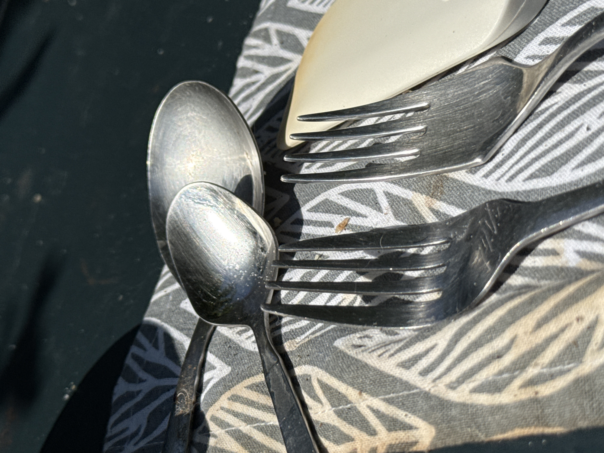 A close-up, high-angle shot shows two silver spoons and two silver forks resting on a gray and white patterned cloth. The spoons are placed above the forks. One spoon, on the left, is slightly obscured by the other, larger spoon on the right. The forks are positioned side-by-side, with the tines pointing upwards. A pale, cream-colored object, possibly a dish or utensil, is partially visible to the right of the forks. The background is a dark, blurred surface, possibly wood or metal, with sunlight casting shadows. The scene appears to be outdoors, on a sunny day. The image does not contain any discernible elements that would place it in Kanjoši, Montenegro.