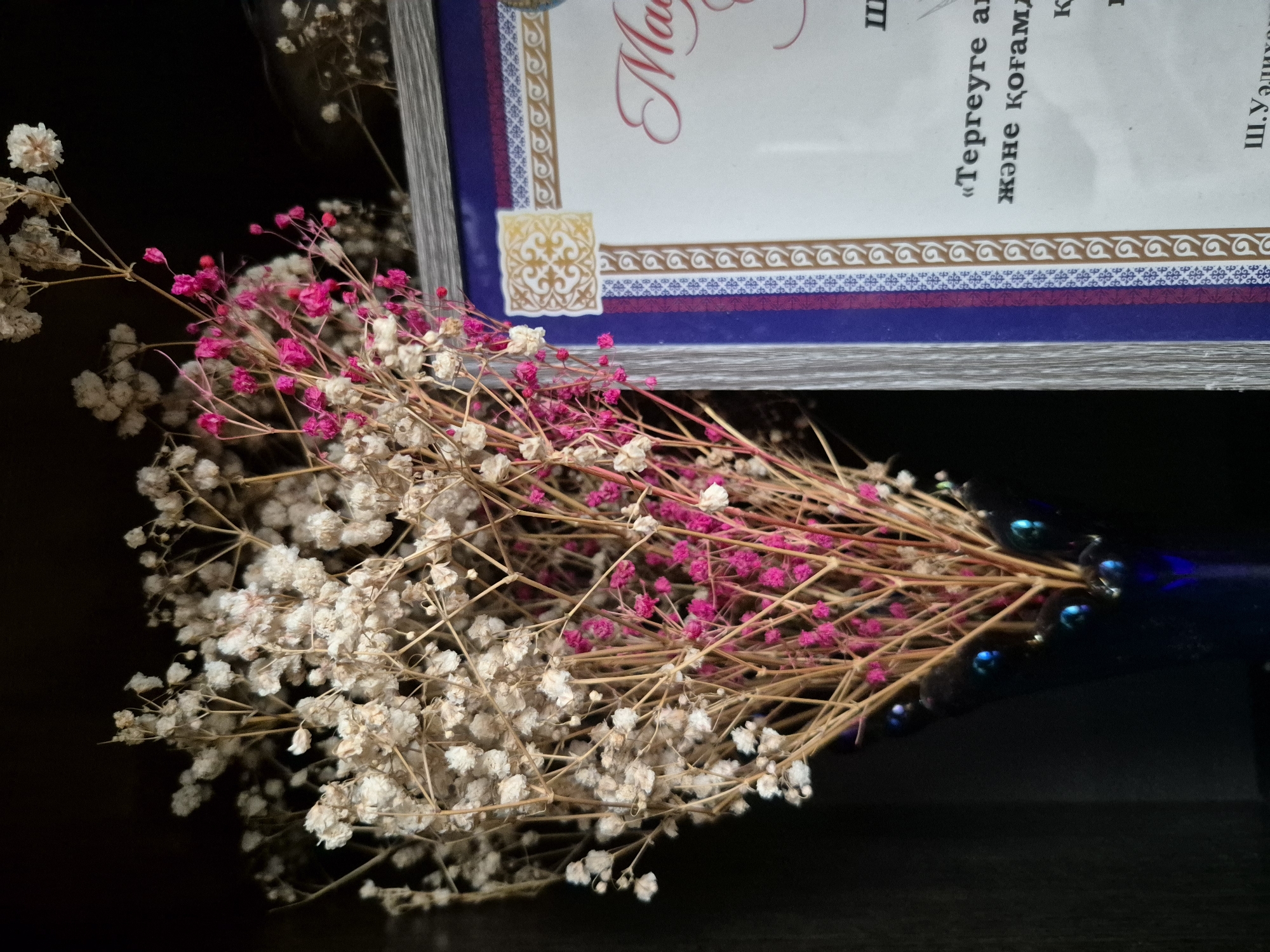 A still life image features a vase of dried baby's breath flowers, some of which are dyed pink, placed to the left of a framed document. The document, partially visible on the right, has ornate decorative borders in blue, purple, and gold. The flowers are delicate and have a wispy appearance. The background is dark, suggesting an indoor setting, possibly a shelf or a dark wall. The overall impression is one of a preserved or decorative arrangement, potentially associated with an award or certificate ceremony, given the presence of the framed document. There are no people visible in the image.
