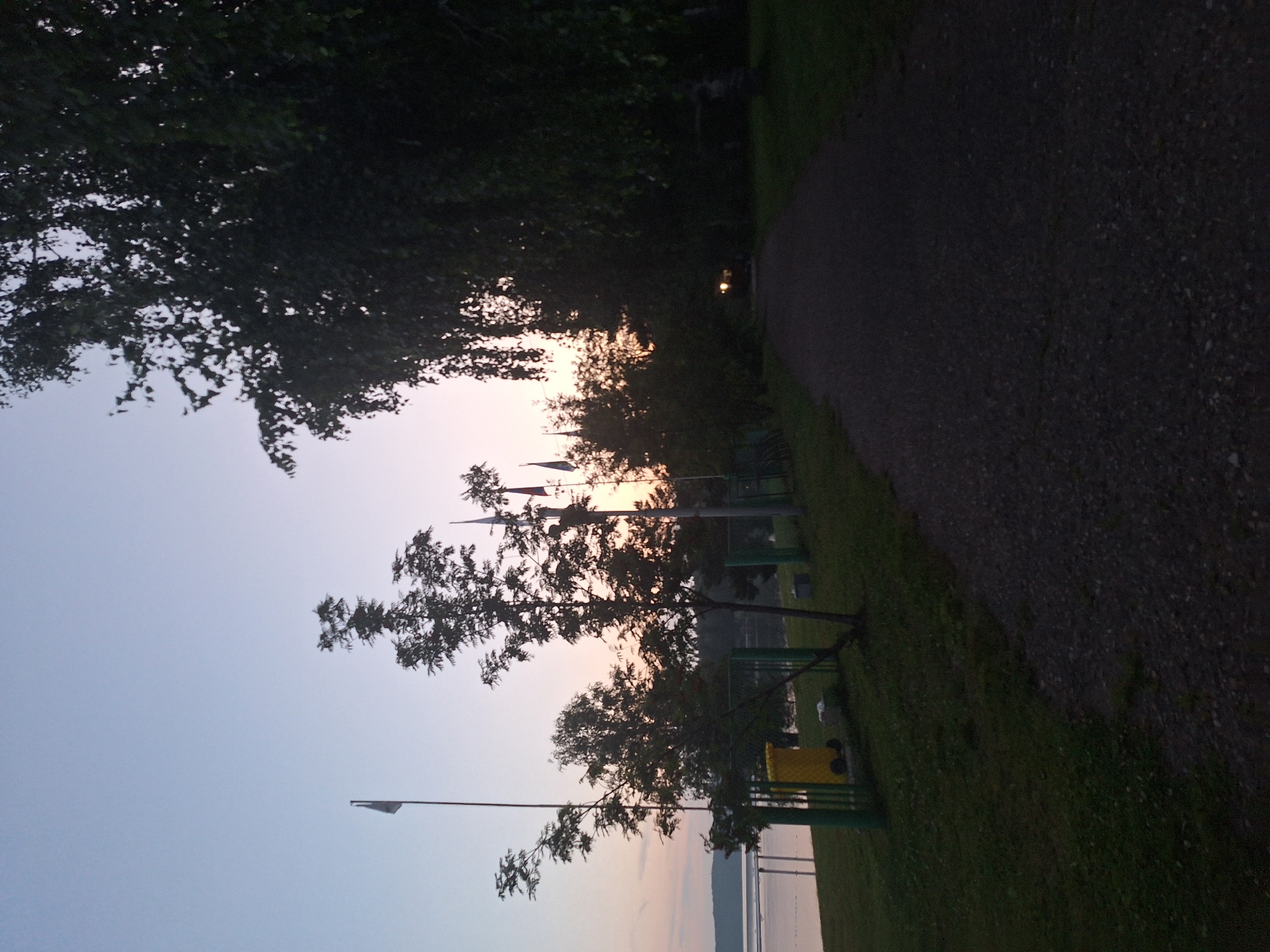The image depicts a dusk scene with a path leading into the distance. On the left, a body of water, likely a river or lake, is visible, bordered by a grassy embankment and a green metal fence. A yellow trash can is present near the fence. Several trees of varying sizes are scattered throughout the scene, with a prominent, large tree dominating the right side of the frame, its dark foliage obscuring much of the background. In the distance, along the path, there appear to be faint lights, suggesting some form of illumination or possibly a vehicle. The sky above is a gradient of pale blue and soft pink, indicative of twilight. Multiple flags are visible on flagpoles in the middle ground, suggesting a public or recreational area. The overall atmosphere is calm and serene, characteristic of a peaceful evening. The location is identified as Atamanovka, Russia.