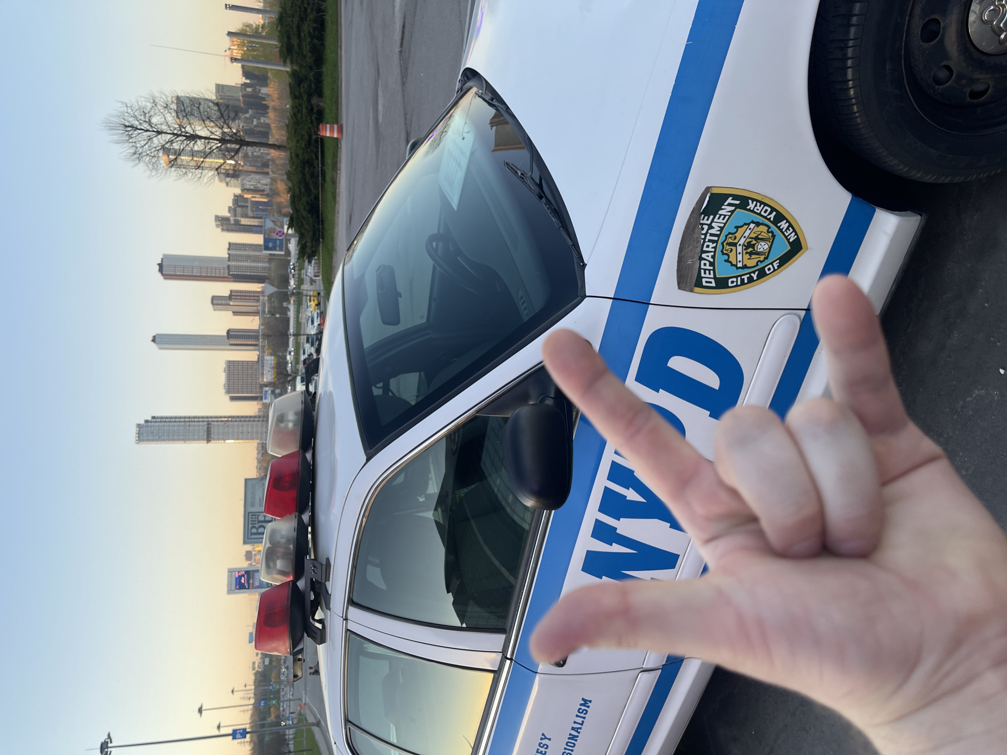 A close-up, partially obscured shot shows a white NYPD patrol car with blue stripes and emergency lights on the roof, set against a backdrop of a cityscape under a soft, muted sky. The words "NYPD" and "Courtesy Professionalism" are visible on the car. A person's hand, making a "hang loose" gesture, is prominent in the foreground, partially blocking the view of the car and background. The setting appears to be an outdoor parking area with distant buildings in the skyline. There is no evidence suggesting this photo was taken in Moscow, Russia.