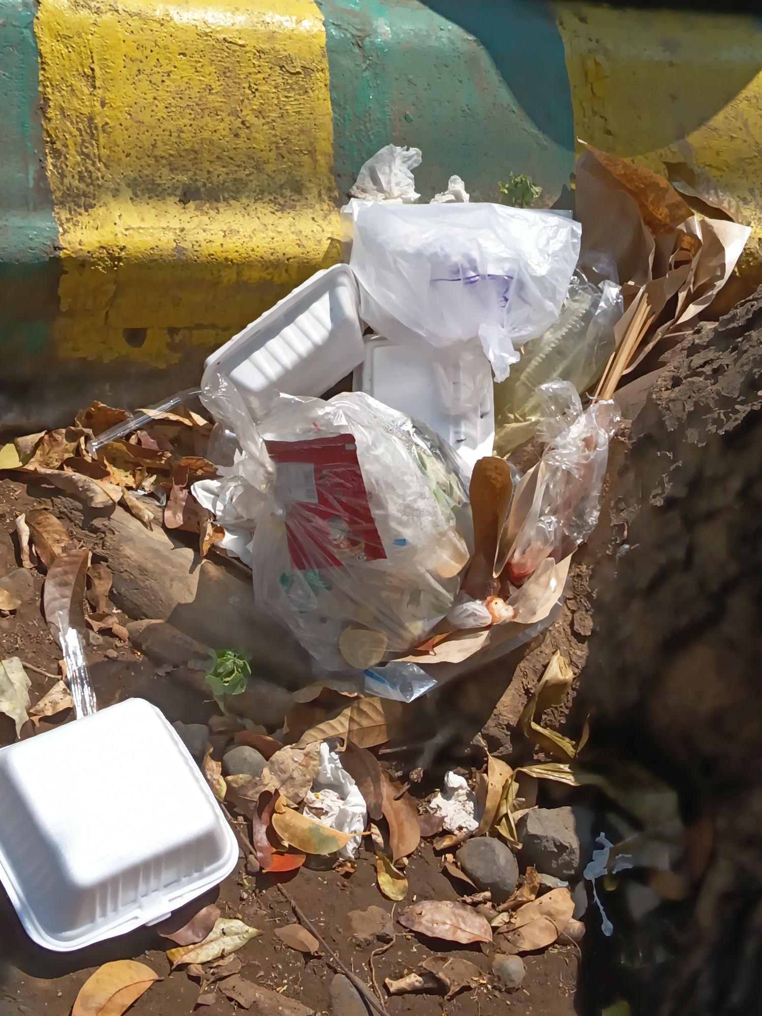 The image depicts a pile of trash on the ground near a yellow and green painted concrete barrier, likely a roadside or public area. The trash consists of various disposable items, including plastic bags, styrofoam containers, plastic bottles, and crumpled paper. Dried leaves and small rocks are also present in the debris. A small green plant is growing amongst the trash. The lighting suggests it is daytime. The location is identified as Kandangjati Kulon, Indonesia. There are no people or animals visible in the image. The scene appears to be an area where waste has accumulated, possibly due to improper disposal.