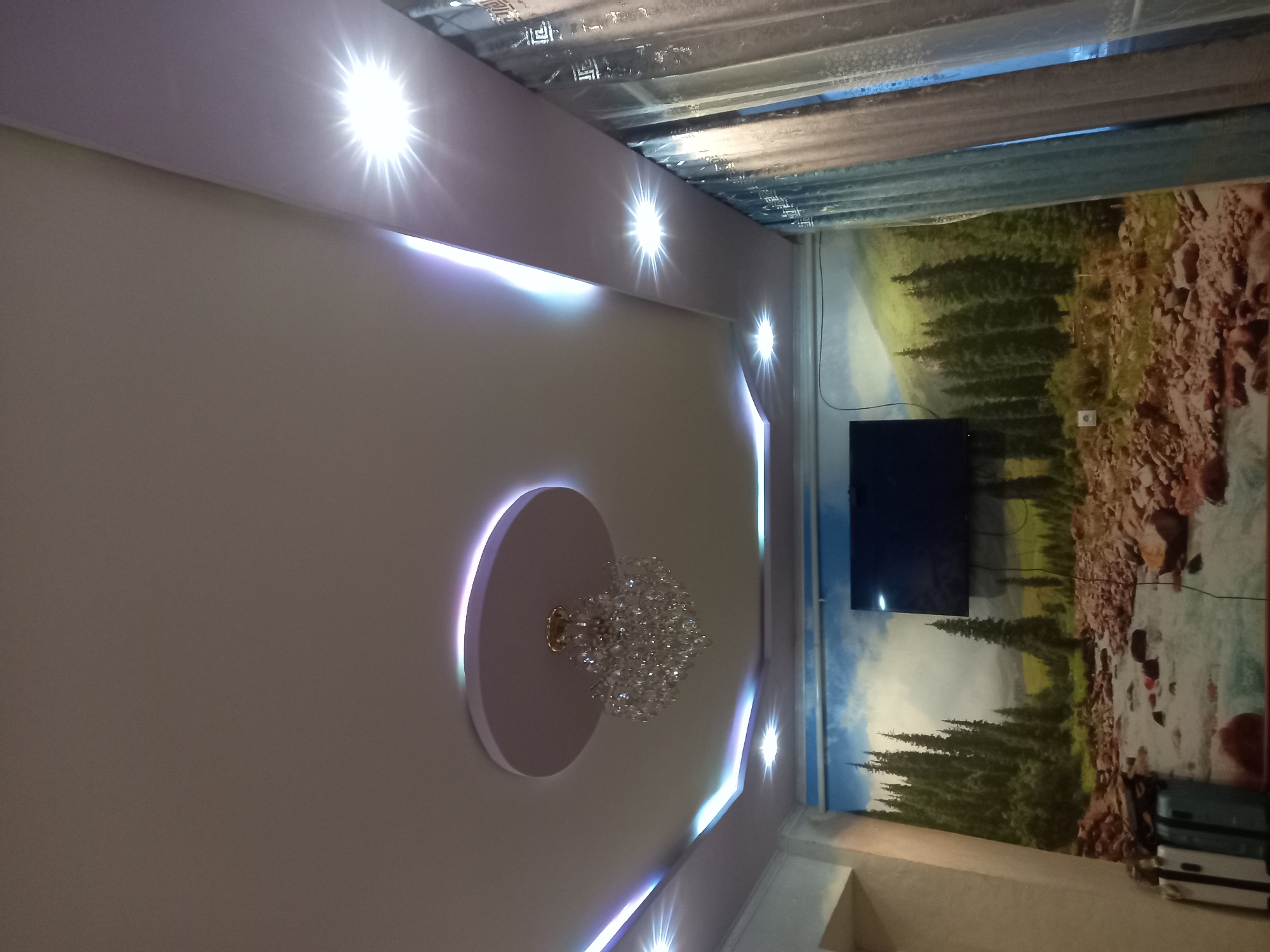 The image shows a living room with a scenic wallpaper of a forest and river. The room features a modern ceiling with recessed lighting and a chandelier. A television is mounted on the wall. The overall impression is that of a contemporary, well-lit living space. The location is described as being in Saruu, Kyrgyzstan.