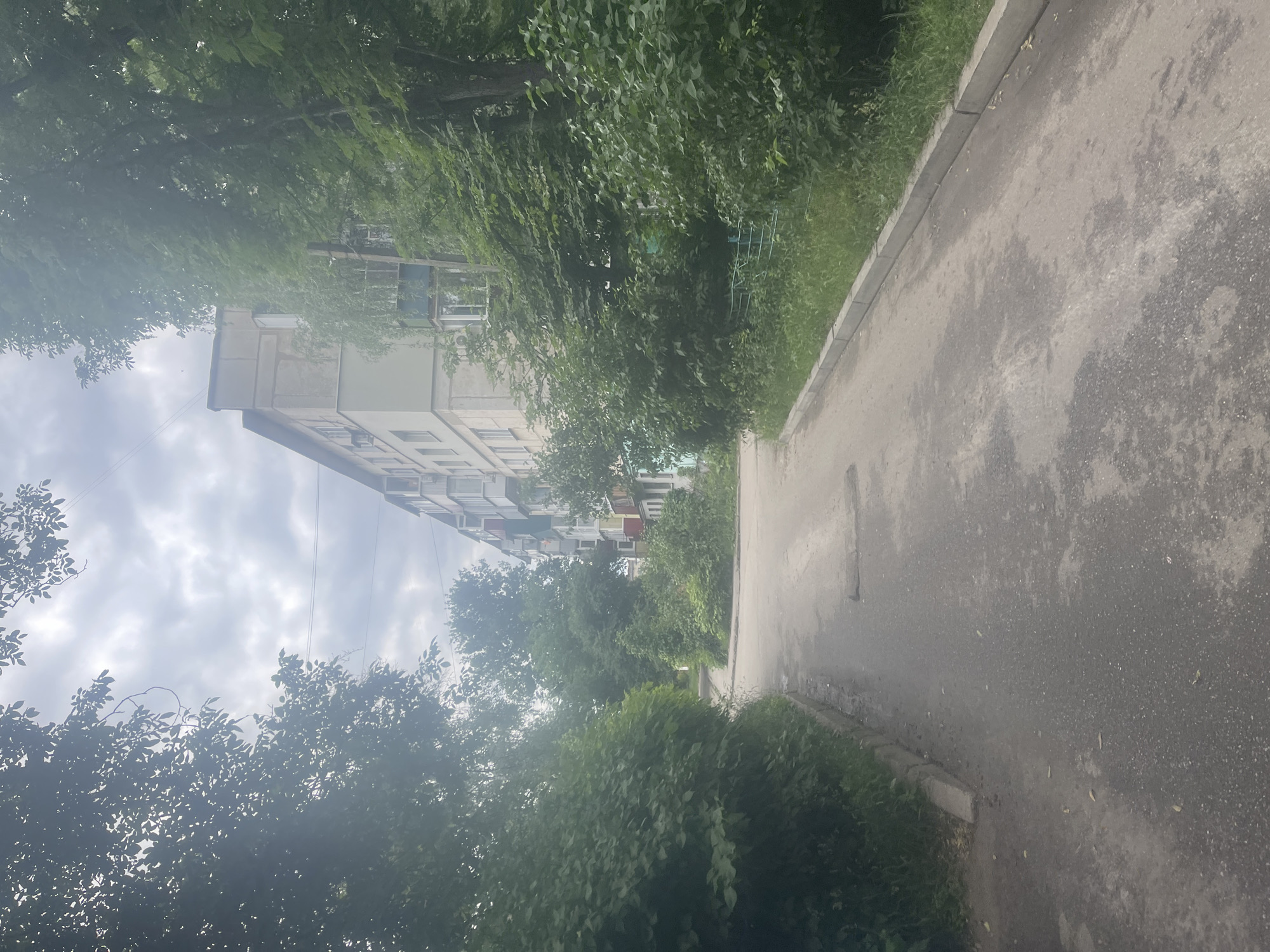 An eye-level, full shot captures a paved road winding through a residential area, bordered by lush green trees and bushes on either side. In the background, a multi-story apartment building with a light beige facade and a gray roof stands prominently. The sky above is overcast with gray clouds. The road is wet in places, suggesting recent rain. The image depicts a typical urban or suburban scene.