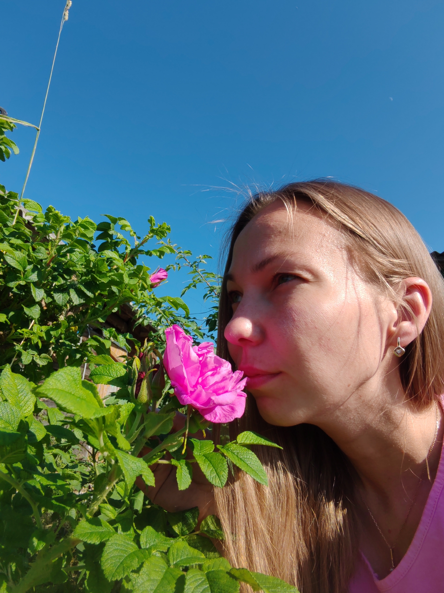 A young woman with blonde hair is captured in a close-up shot, her face turned towards a vibrant pink rose. She appears to be smelling the flower, her eyes slightly closed. She is wearing a pink top and a small silver earring. The background is a clear blue sky, with lush green foliage and a wooden structure visible. This scene is likely taking place outdoors, possibly in a garden or park, in the city of Chuhlem, Russia.
