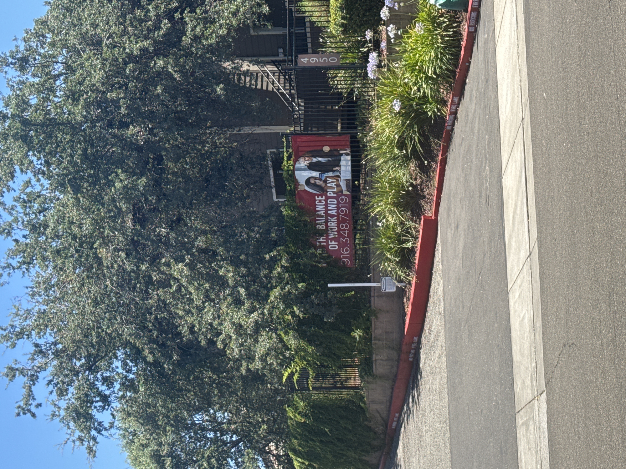 In an outdoor, daytime scene under a clear blue sky, a large banner is prominently displayed behind a black metal fence adorned with ivy. The banner, a vibrant red, reads "TH. BALANCE OF WORK AND PLAY" and prominently features two women in a studio or office setting. Below this text, a phone number, "916.348.7919," is visible. To the right of the banner, the building number "4950" is vertically affixed to the fence. The foreground shows a paved area with red curbs and "NO PARKING FIRE LANE" stenciled in white lettering, suggesting a fire lane designation. Lush green landscaping, including tall ornamental grasses and flowering plants, borders the paved area and the fence. The overall impression is a well-maintained residential or commercial property entrance, likely in a suburban area, with a clear indication of available services or amenities.