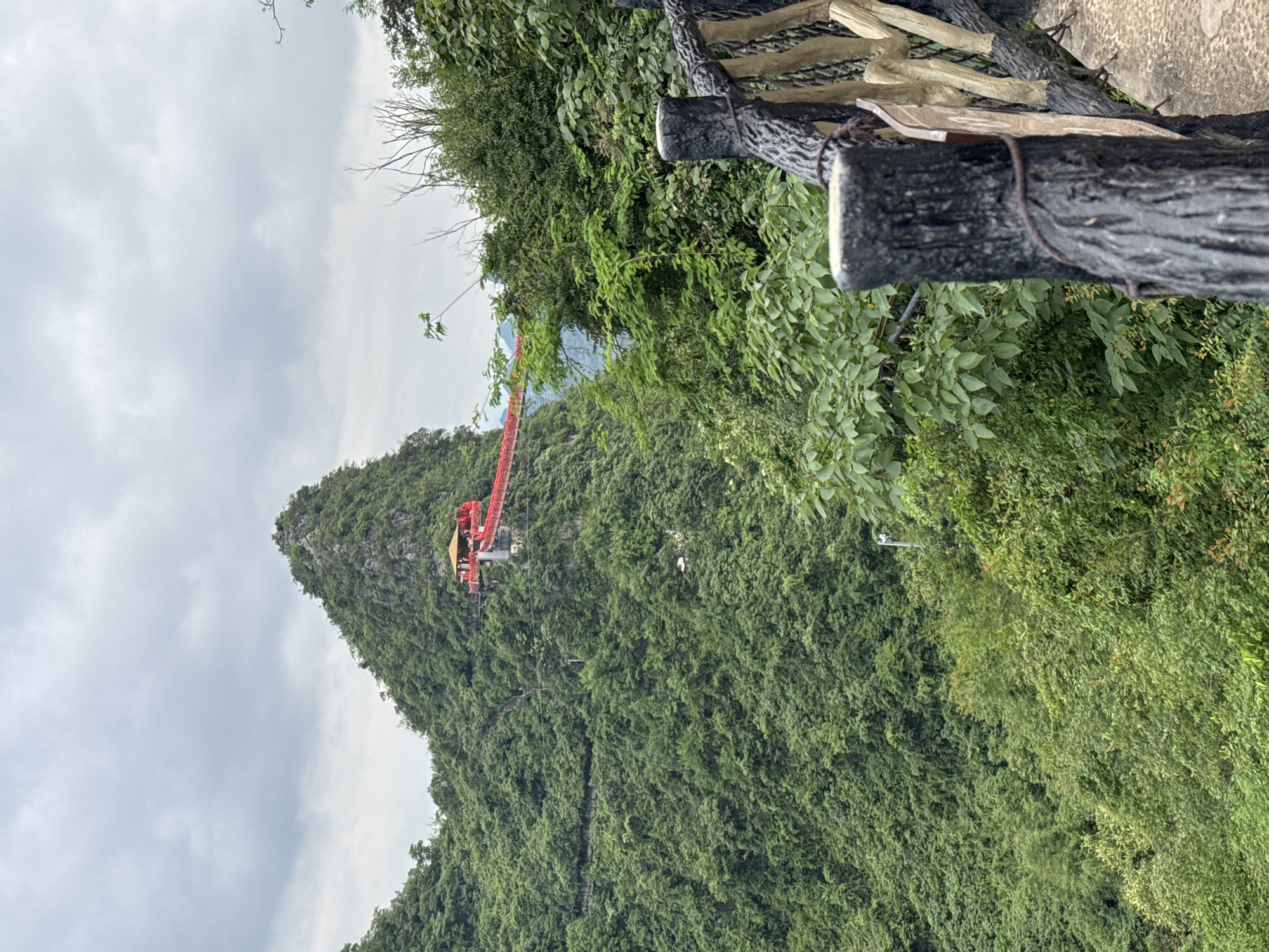 View of a mountain in Guilin, China. The mountainside is densely covered with green vegetation. A red metal structure, likely a platform or viewing point, is built into the side of the mountain, accessible by a narrow red cable. Overcast sky in the background. A portion of a wooden fence is visible in the upper right of the image, suggesting a viewpoint for the photo. The image is rotated counter-clockwise.