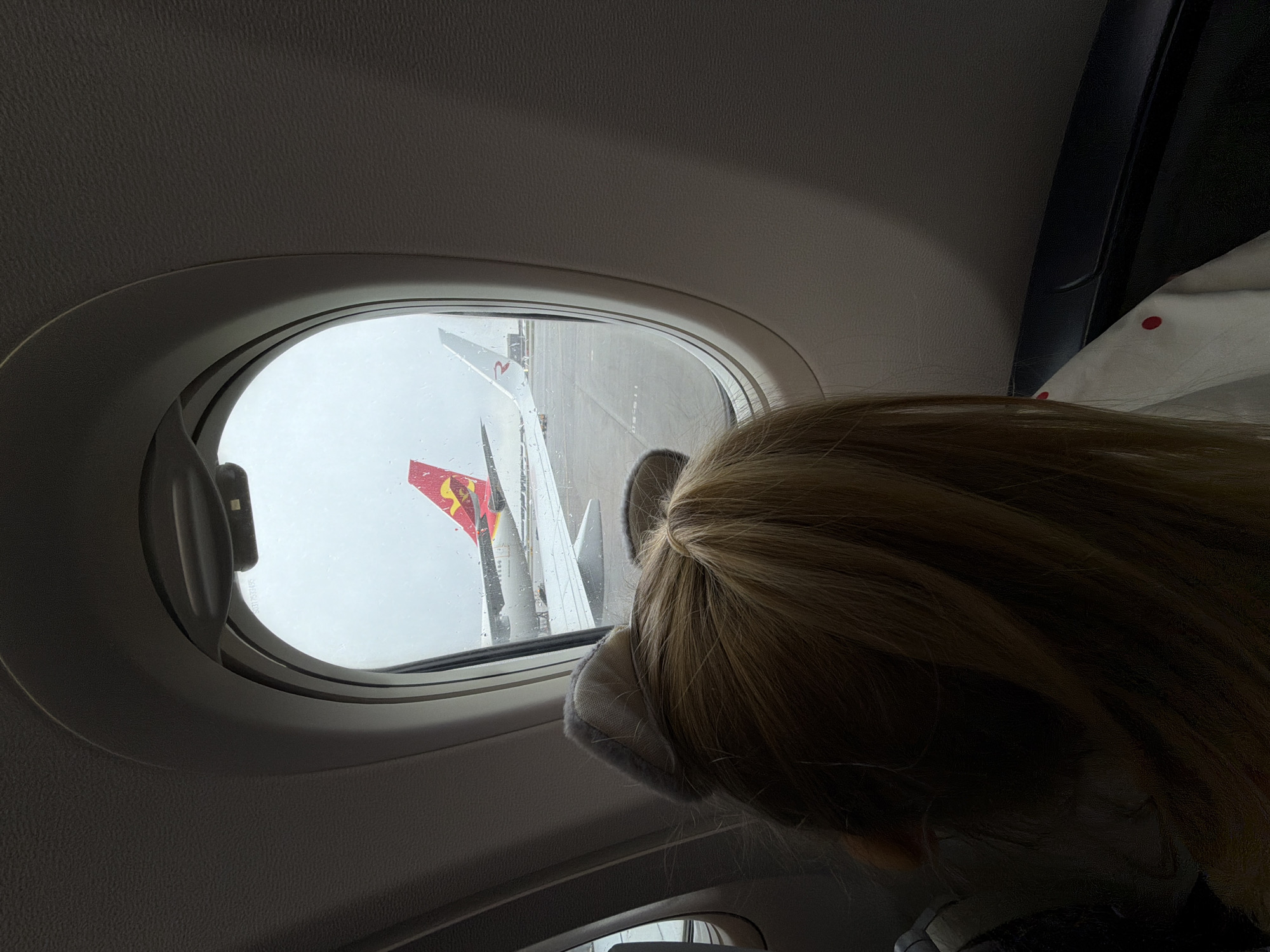 A fair-skinned person with blond hair is looking out of an airplane window. Rain streaks are visible on the glass. Outside, a plane with a red and yellow tail fin is visible. The tail fin features a stylized image of a red bird on a yellow field. The plane is parked on the tarmac. The interior of the airplane is white and grey. The photo was taken on a rainy day at the Sheremetyevo International Airport in the city of Khimki, Russia.