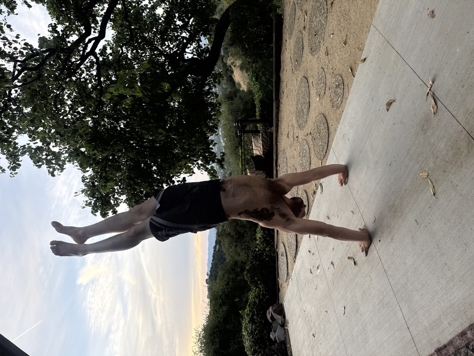 A shirtless adult male in dark athletic shorts performs a handstand on a light grey concrete patio. His hands are placed shoulder-width apart on the concrete surface, and his legs are extended vertically towards the sky. Visible body hair covers his chest and abdomen, and a dark, possibly tattooed, marking is present on his left torso. The concrete patio, divided into large squares, is partially covered with scattered dry leaves. Adjacent to the patio, to the right, is an area of light brown gravel or sand with embedded circular stepping stones, also dotted with leaves.
In the midground, a dark metal railing with decorative posts borders the property. Beyond the railing, outdoor furniture with striped cushions is visible. The background consists of a sprawling, densely vegetated hillside landscape under a pale blue sky with wispy white clouds, indicative of early morning or late afternoon. A faint contrail is visible in the upper left sky. A large, dark-leafed tree dominates the upper right portion of the frame, providing shade. The terrain and vegetation are consistent with a hillside residential area within the Santa Monica Mountains region of Los Angeles, California, United States of America.