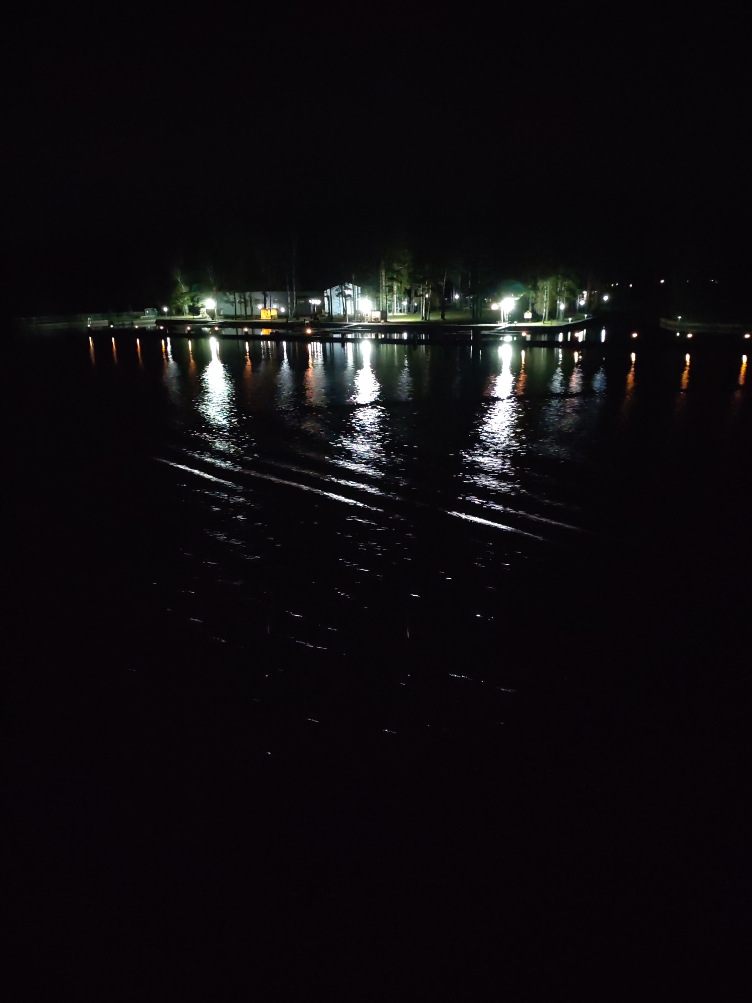 The image depicts a night scene in what is likely the city of Nesterovo (Slobodskoe S/P), Russia, based on the location provided. The foreground is dominated by a dark body of water, possibly a lake or river. Reflections of lights from the opposite shore are visible on the water's surface. In the mid-ground, there is a dimly lit shoreline with buildings and trees, illuminated by artificial lighting. Some sort of wakes can be seen in the dark water. The background is dark.