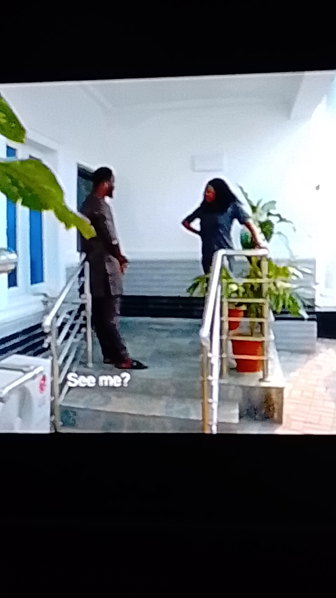 Two individuals are standing on a staircase. The individual on the left is a man wearing a dark brown tunic and trousers and appears to be looking down. The individual on the right is a woman wearing a dark blue top and is facing the man with her hand on her hip. There are large green plants in orange pots on the right side of the staircase, and a railing along the stairs. The text "See me?" is visible on the lower portion of the image. The environment appears to be an outdoor patio or walkway of a modern building.
