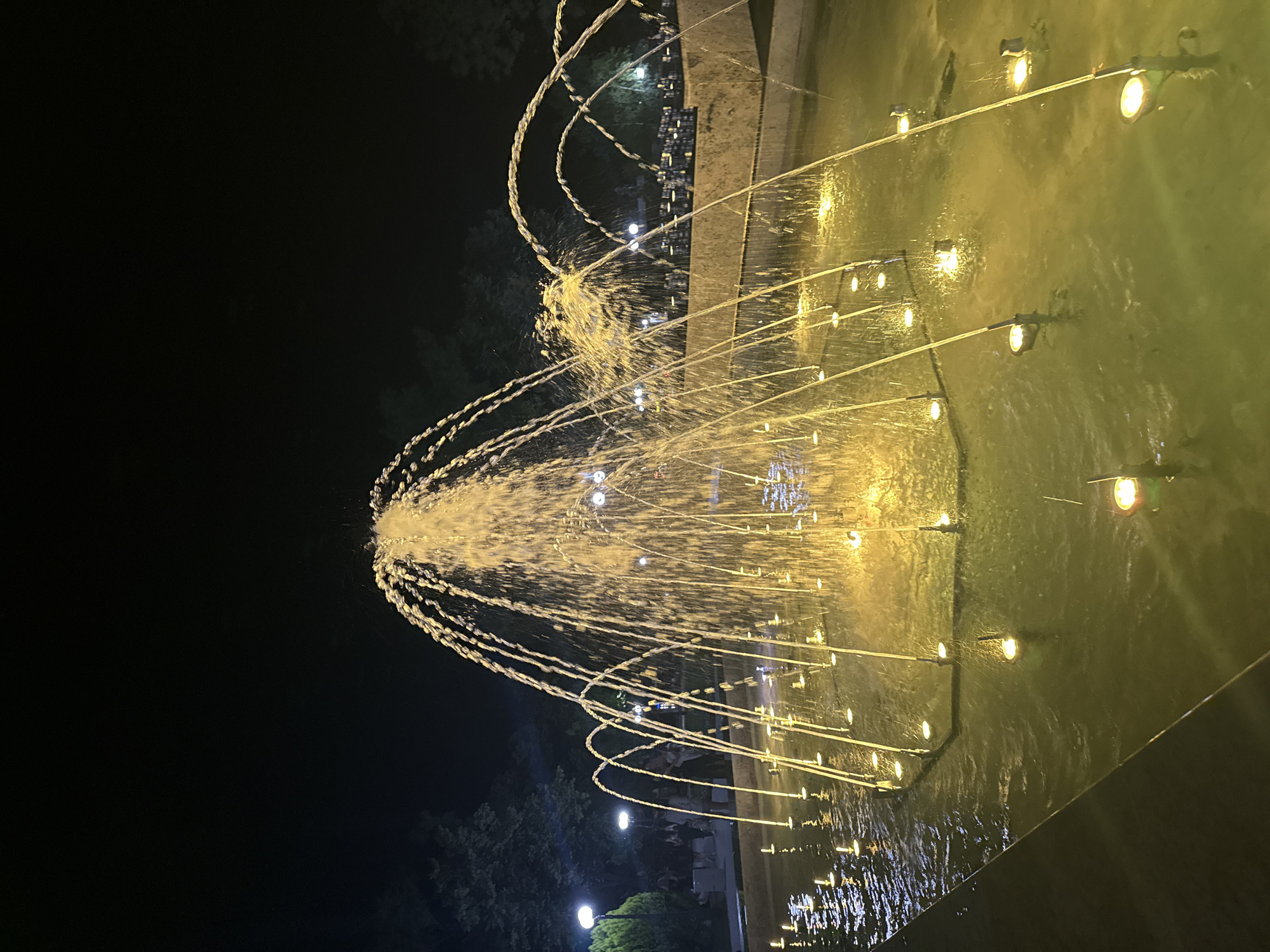 The image depicts a fountain illuminated at night in Stara Zagora, Bulgaria. The fountain, centrally located in a pool, features multiple jets of water spraying upwards and outwards, catching the golden light from submerged fixtures. The water in the pool is a murky green, reflecting the warm glow. Around the pool, several small, circular lights are visible both above and below the water's surface. In the background, trees are visible, and behind them, lights suggest a park or public area. A few indistinct figures can be seen in the middle ground, appearing to be walking. The overall scene is dark, with the fountain and its lighting being the primary illuminated elements.