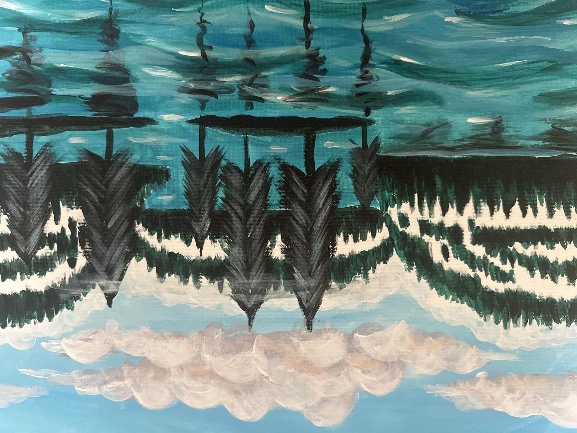 This acrylic or oil painting, presented inverted in the original image, depicts a serene natural landscape with a prominent reflection.
When viewed in its intended orientation, the lower portion of the painting features a clear, light blue sky with soft, voluminous clouds. These clouds are primarily white and light gray, exhibiting subtle hints of peach or pink, possibly indicating a sunrise or sunset. Above the sky, a dark, dense line of vegetation forms a shoreline. This includes several stylized trees, some resembling palm trees with distinct dark gray and black fronds, and other areas of a darker green treeline.
The upper half of the painting is dominated by a calm body of water, rendered in varying shades of turquoise and deep teal blue. The water's surface acts as a mirror, reflecting the trees and a portion of the sky. These reflections are depicted with elongated, wavy dark shapes mirroring the trees, and horizontal white and light blue brushstrokes that suggest ripples and the play of light.
The painting is characterized by visible brushstrokes, contributing to a textured and somewhat impressionistic style. The composition heavily relies on the strong, symmetrical reflection, creating a tranquil and contemplative atmosphere. No text is visible within the image. The presence of palm-like trees suggests a tropical or subtropical environment, which does not align with the provided location context of Sofia, Bulgaria.