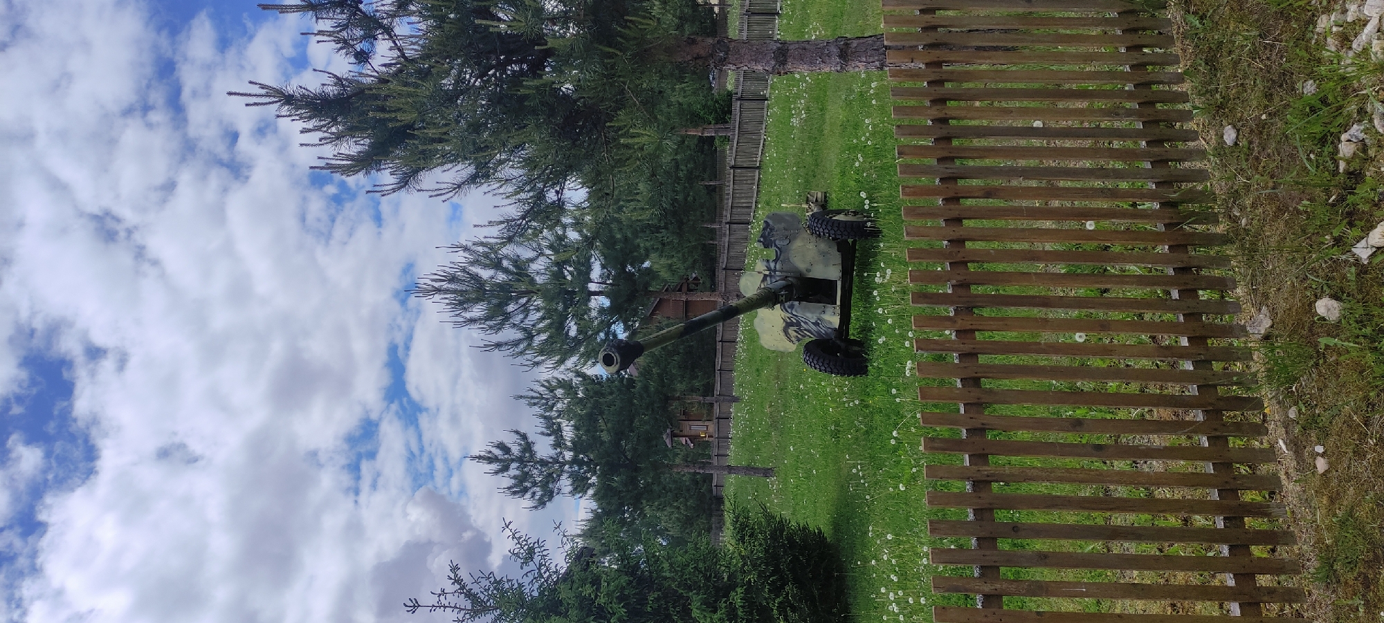 The image shows a cannon in a grassy field next to a wooden fence. The sky is blue with some white clouds. The background includes some evergreen trees. The location is Ivanovskoe, Russia.