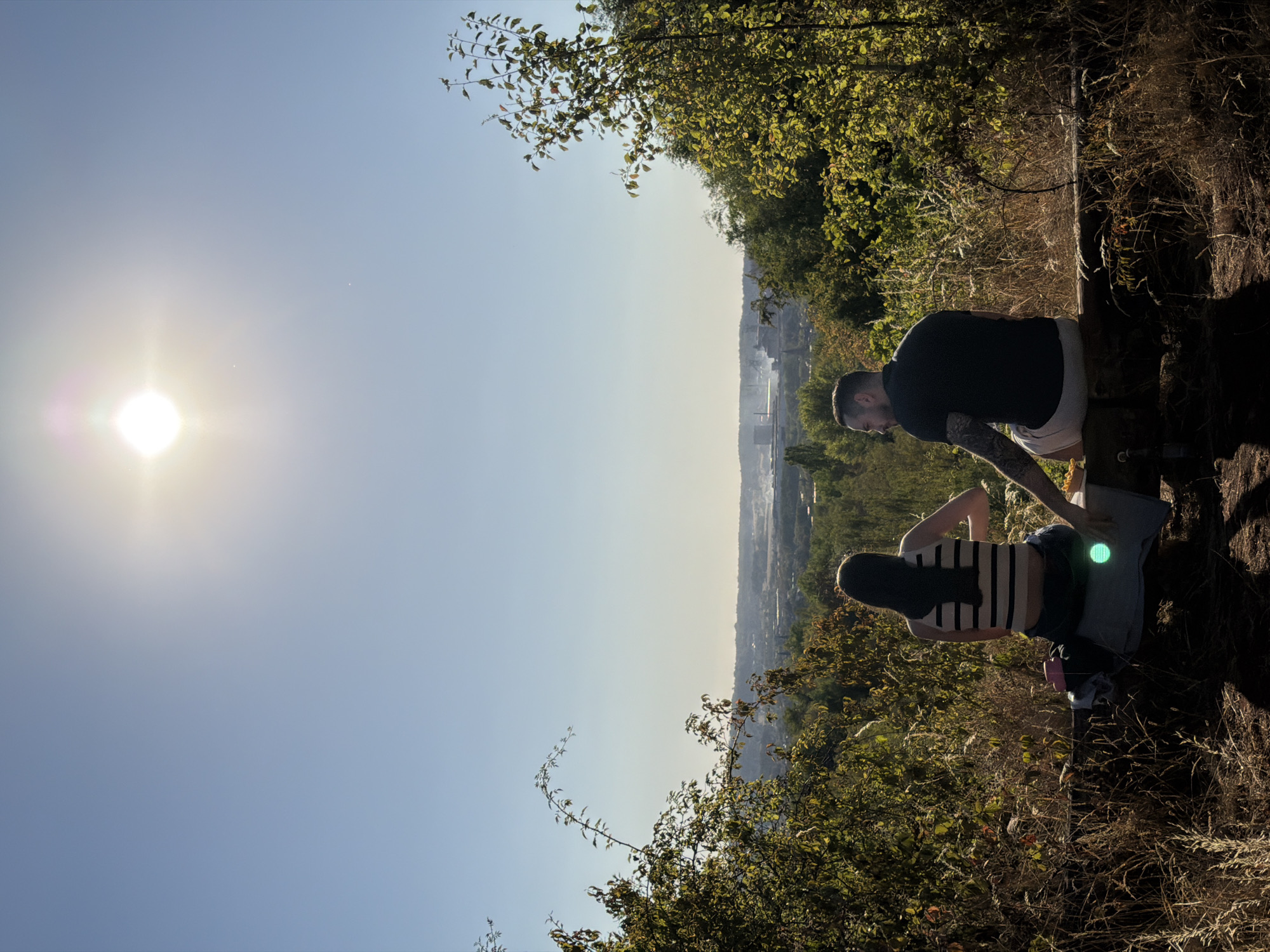 The image captures a couple sitting on a log on a sunny day, overlooking a city. The woman, facing away from the camera, wears a striped top and jeans. The man, also facing away, has tattoos on his arm and wears a dark polo shirt and shorts. They appear to be sharing a meal or snack. In the background, a city skyline is visible with industrial buildings and smoke stacks. The foreground features dry vegetation and trees framing the scene. The sun is high in the sky, casting a bright light. The location is likely the Schifflange area in Luxembourg, given the reference to the city in the prompt.
