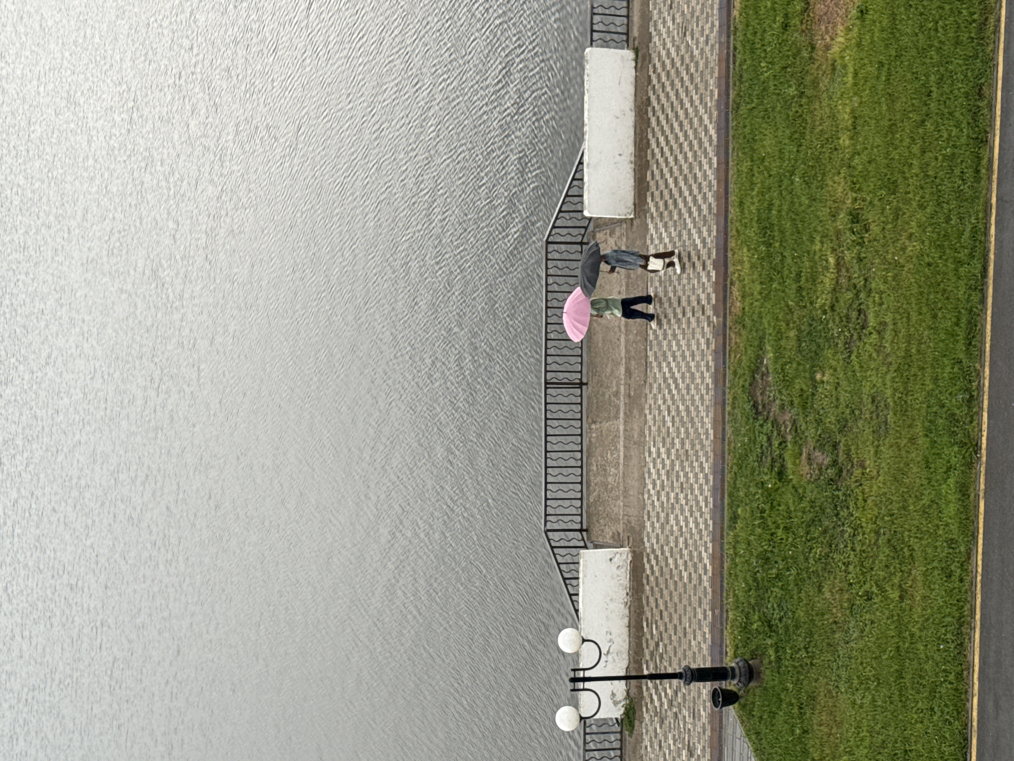 An overhead, slightly oblique shot captures a serene waterfront promenade scene in Votkinsk, Russia, under an overcast sky. The image is divided into distinct horizontal bands, with the perspective looking down upon the scene.
On the left, a wide expanse of light grey water, likely a lake or river, fills approximately half of the frame. Its surface is textured with numerous fine, consistent ripples, suggesting a gentle breeze or light rain.
Adjacent to the water, running across the middle of the frame, is a paved promenade. A black metal railing with decorative wavy elements forms a barrier along the water's edge. White concrete posts or planters are spaced along this railing. Two individuals are visible on the promenade, walking away from the viewer. One is an adult figure, dressed in dark clothing, holding a closed dark umbrella over their shoulder. Slightly in front of them is a smaller figure, presumably a child, holding an open, bright pink umbrella. Further along the promenade, a black lamppost with two spherical white lights stands. The walkway itself is paved with light-colored, patterned blocks arranged in a herringbone or basketweave style.
To the right of the promenade is a strip of vibrant green grass, which borders an asphalt road with a distinct yellow dividing line marking its edge. The presence of umbrellas suggests either light rain or protection from the elements, contributing to the tranquil and somewhat subdued atmosphere of a cloudy daytime. No visible text is present in the image.