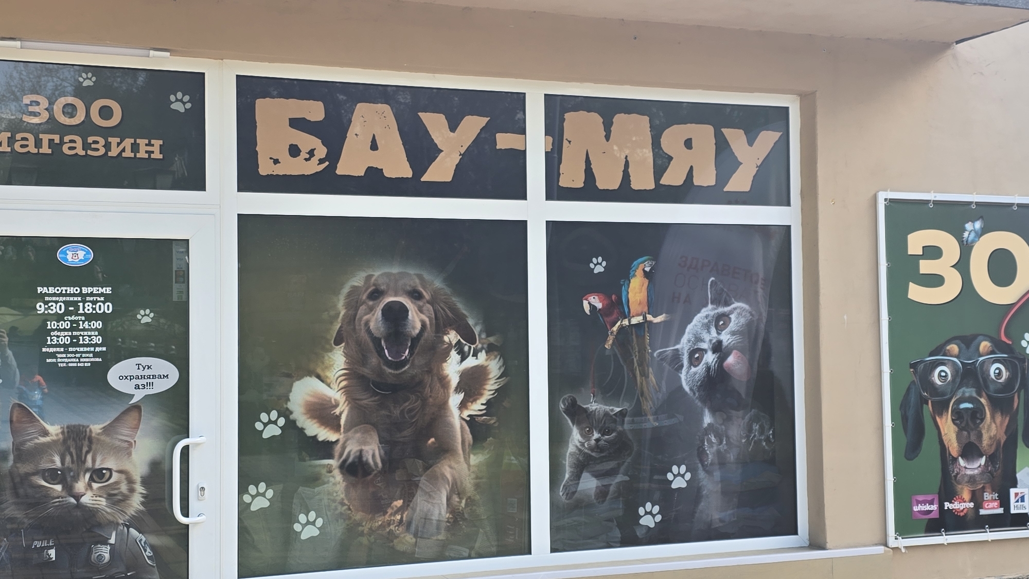 The image shows the exterior of a pet store, possibly located in Pernik, Bulgaria, based on the Bulgarian language signs. The store is called "300 магазин," and another sign reads "БАУ-МЯУ," likely an imitation of animal sounds. The entrance door has a poster of a cat dressed in a police uniform, stating, "Тук охранявам аз!!!" (Here, I guard!!!). The shop window displays several animal images, including dogs, cats, and parrots. The business hours are also visible on a sign on the front door. Another sign features a dog wearing glasses alongside several brands of pet food. The scene appears to be during the daytime.