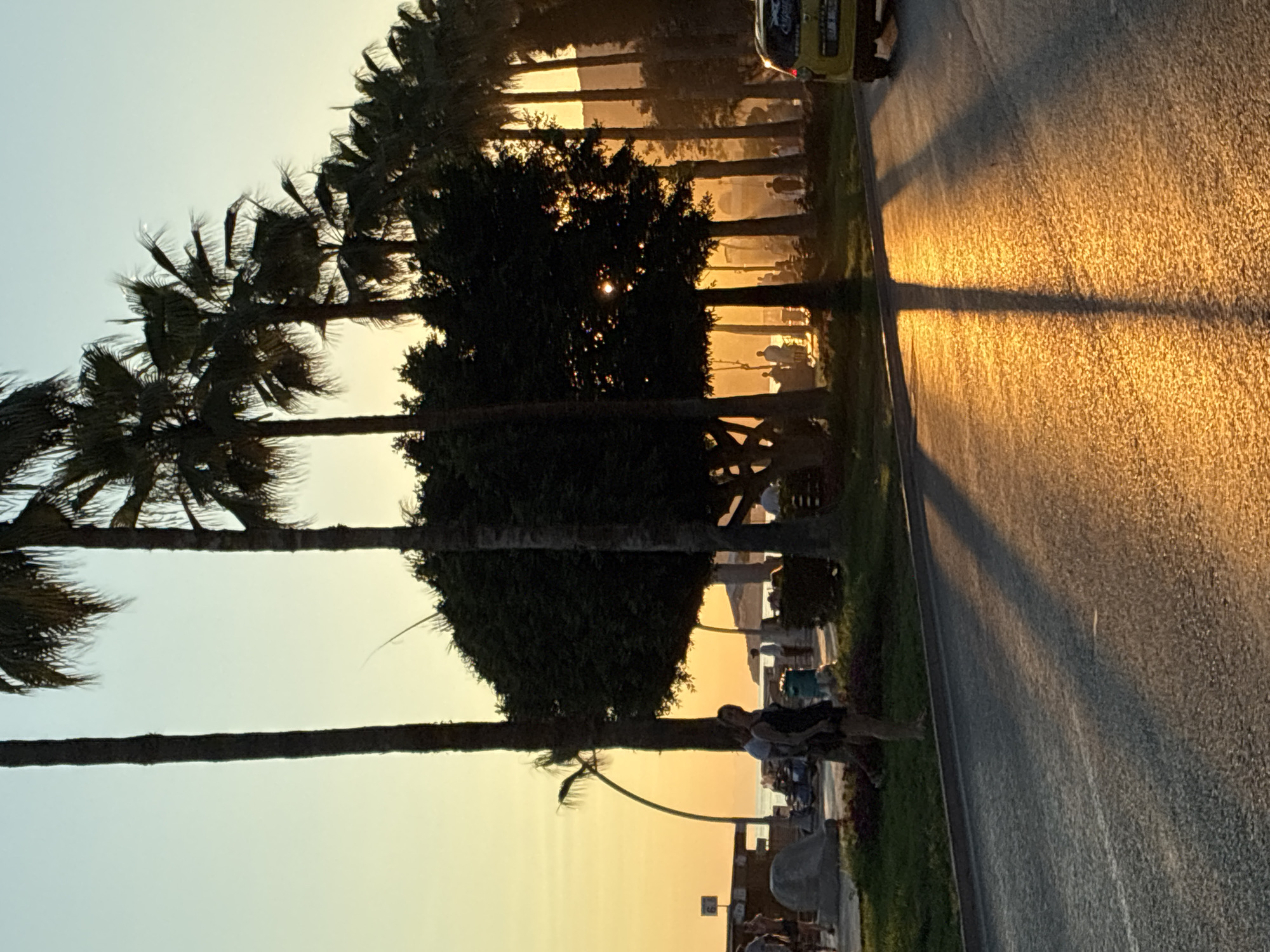 The image captures a street scene in Alanya, Turkey, during sunset. The golden light of the setting sun casts long shadows across the asphalt road, creating a warm and vibrant atmosphere. Several palm trees line the street, their silhouettes stark against the colorful sky. In the background, the sea is visible, with a coastline stretching into the distance. A yellow car is parked on the right side of the road, its presence adding a modern element to the tropical setting. A few people are walking on the sidewalk, enjoying the evening breeze. The scene suggests a relaxed and pleasant atmosphere, typical of a seaside resort town.
