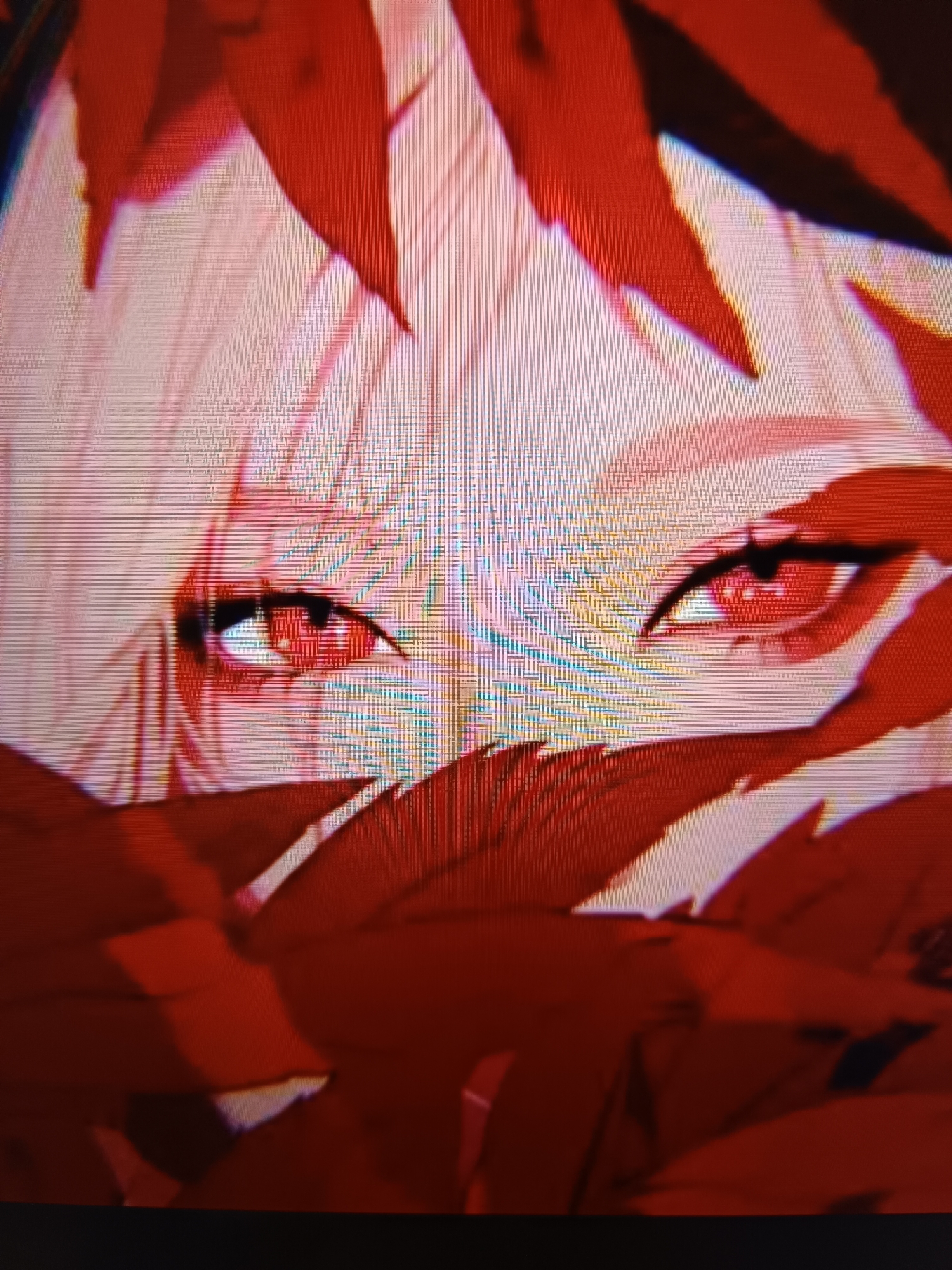 The image is a close-up, digitally rendered illustration of a person's face, with a focus on their eyes and hair, partially obscured by red, leaf-like shapes. The person has fair skin and light-colored hair, with vibrant red irises and black eyeliner. The red shapes in the foreground and background appear to be stylized leaves or petals, contributing to a thematic or aesthetic composition. The overall impression is one of artistic representation rather than a photographic depiction of a real-world scene. There is no identifiable information or context within the image that relates to the city of Taraz or any specific administration within Kazakhstan. The image does not depict a city environment, buildings, or any specific geographical markers.