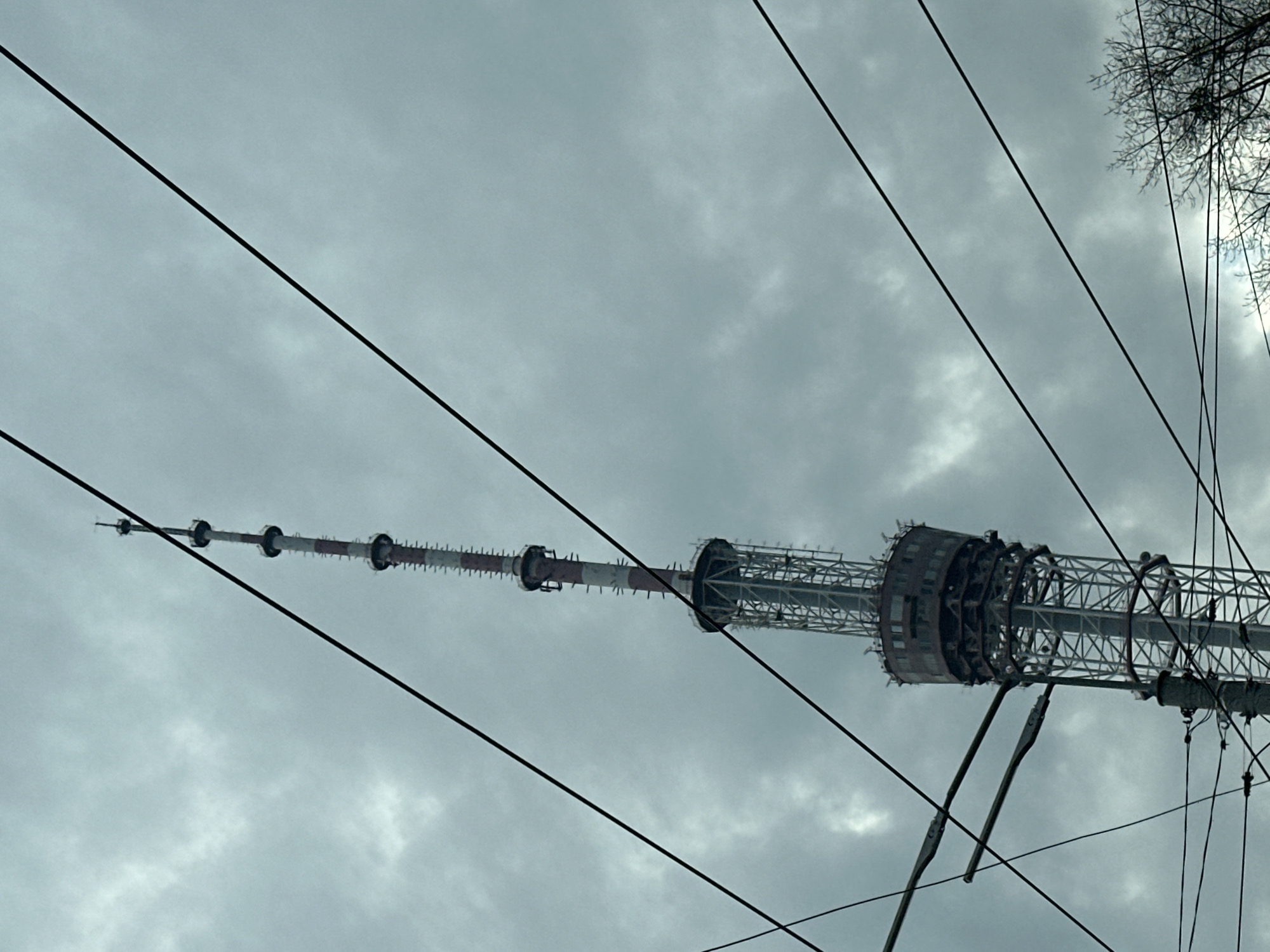 The image depicts the Kyiv TV Tower in Kyiv, Ukraine. The tower is angled upwards and is partially obstructed by power lines and tree branches. The sky is overcast. The tower's structure consists of a central mast with cylindrical sections. The lower section features a lattice-like structure. The tower is painted with alternating red and white stripes.