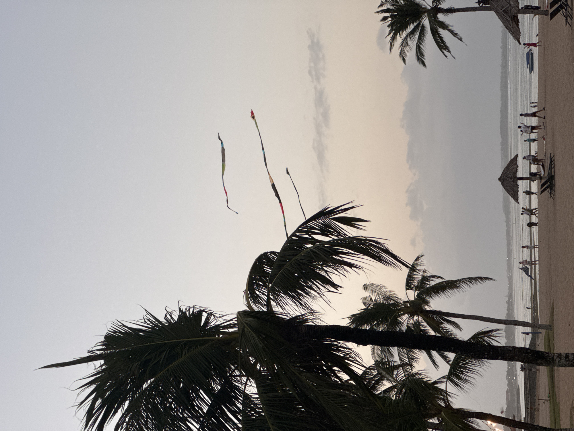 This is a photograph of a beach scene in Kuta Selatan, Indonesia, likely taken during the late afternoon or early evening. The sky is a pale, overcast gray, with soft, diffused light. In the foreground, several palm trees with lush fronds are prominent, casting shadows and framing the view.
Further into the scene, a sandy beach stretches towards the water. A few people are scattered across the beach, some walking, others standing or interacting in small groups. There are two thatched-roof umbrellas providing shade, with lounge chairs positioned in front of them. In the background, the calm ocean meets a distant coastline, and a small boat is visible on the water.
Three colorful kites are flying in the sky, adding a playful element to the tranquil atmosphere. Their long, segmented tails trail behind them, creating a sense of movement against the muted sky. The overall impression is one of a relaxed, communal beach setting at the end of the day.