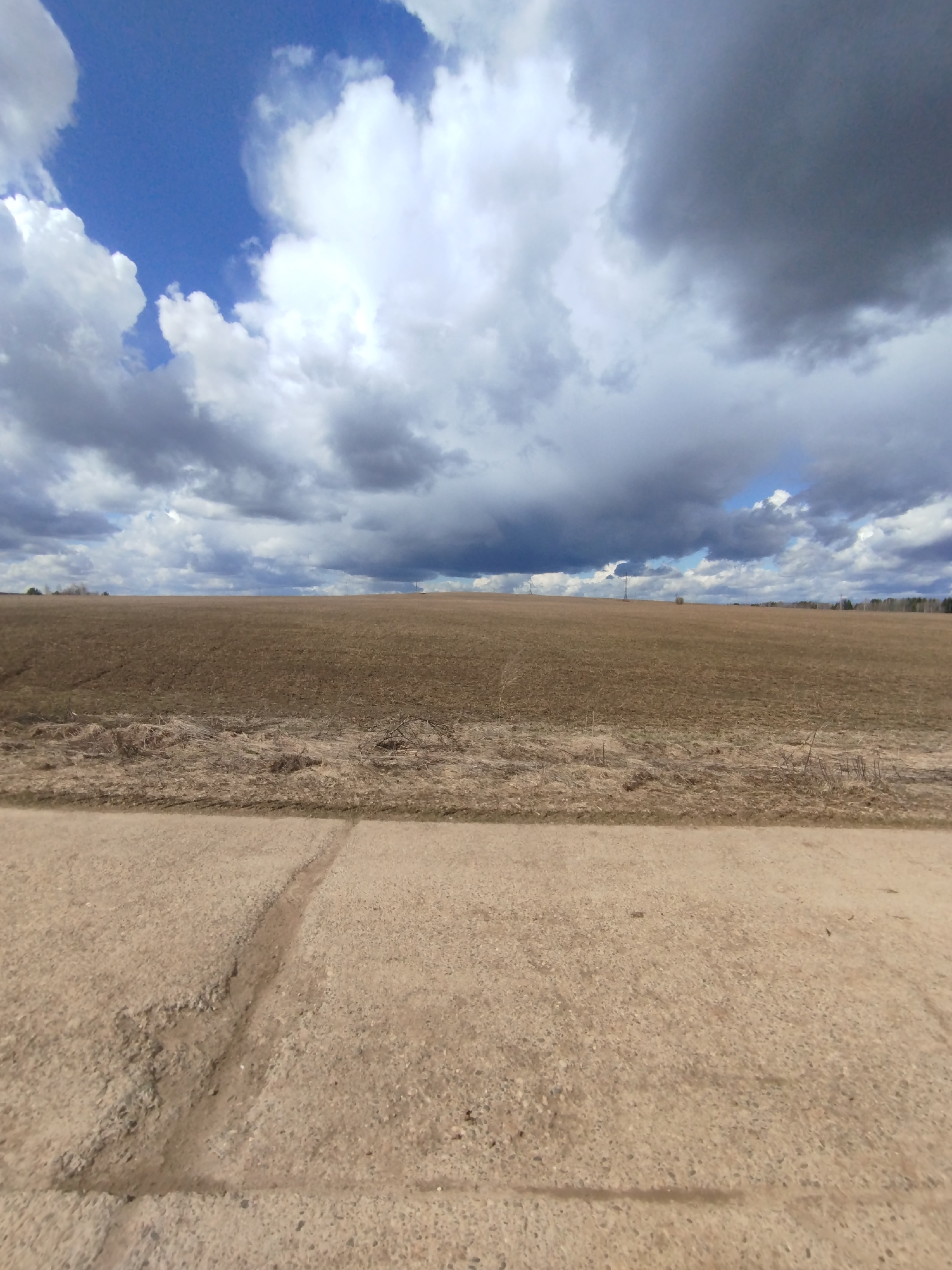 This landscape photograph captures a rural scene in Grishanki, Russia, featuring a vast, open field under a dramatic sky. In the foreground, a light brown dirt road or track, showing some erosion and ruts, extends across the bottom of the frame. Immediately beyond the road lies a wide, flat expanse of bare, reddish-brown earth, characteristic of a tilled or fallow field, possibly indicating early spring or late autumn.
The horizon is marked by a faint line of trees in the distance, with a few slender utility poles or power lines barely visible against the sky. The sky itself is a prominent element, filled with an array of clouds. Large, bright white cumulus clouds are interspersed with heavy, dark grey storm clouds, creating a striking contrast. Patches of clear, vibrant blue sky are visible in several areas between the clouds. The lighting suggests it is daytime, with mixed weather conditions. No people or visible text are present in the image.