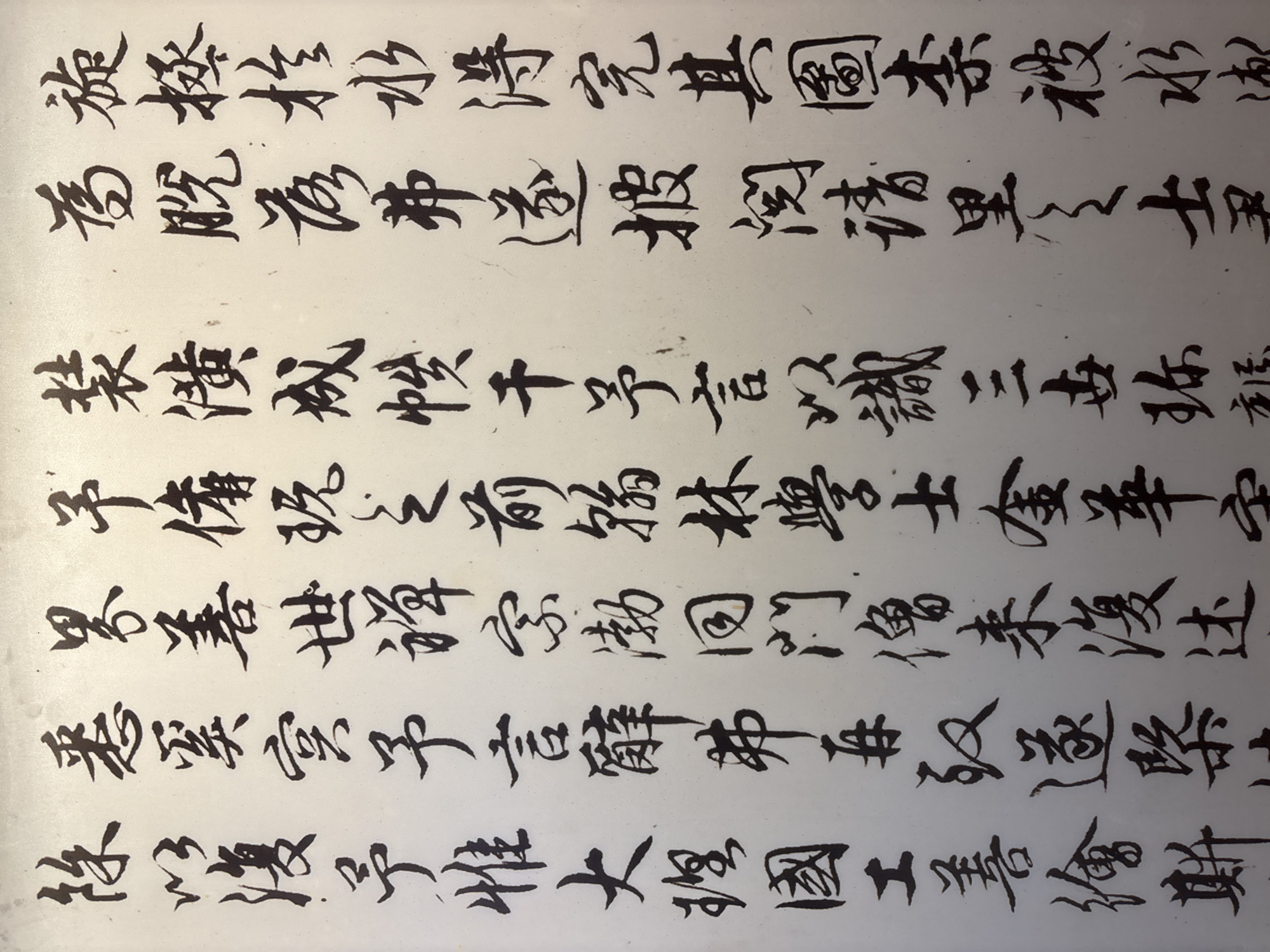The image is a close-up, high-angle shot of Chinese calligraphy written vertically on a white background, likely a wall or paper. The calligraphy is in black ink and appears to be a poem or prose. There are no people or discernible environmental features visible beyond the writing itself. The style of the script is cursive, making it difficult to decipher without expertise. The lighting is even, with no harsh shadows. The image is sharp and well-focused on the text.