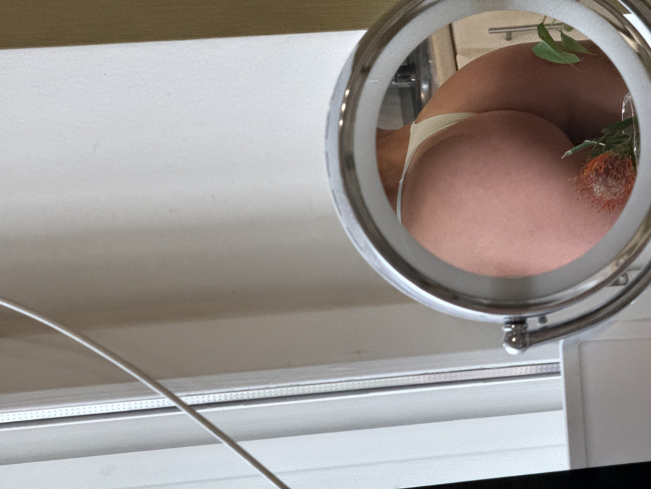 A close-up image features a circular mirror reflecting a person's buttocks, adorned with a light-colored thong. The buttocks also feature flowers. The mirror's metallic frame is visible, including its hinge mechanism. The background consists of a white wall or surface, with a linear element running horizontally, possibly a window frame.