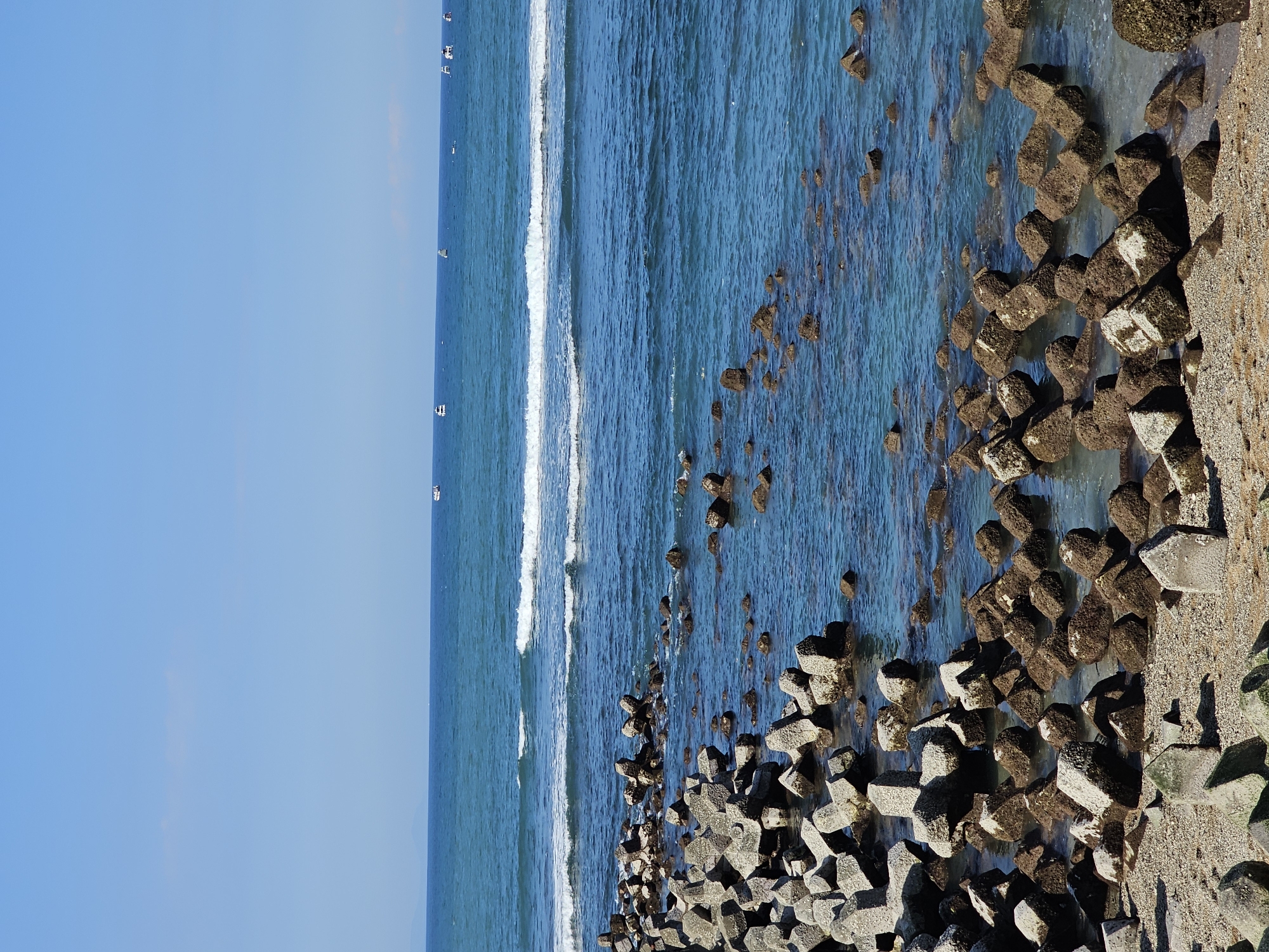 The image depicts a coastal scene with a clear blue sky and calm ocean waters. In the foreground, a shore is lined with numerous concrete tetrapods, commonly used as breakwaters, arranged both on the sand and partially submerged in the shallow water. These tetrapods are weathered and some are covered in algae. The ocean exhibits gentle waves breaking near the shore. In the distance, several small boats are visible on the horizon. The overall environment suggests a sunny day at the seaside. This scene could be located at a coastal area in Denpasar, Indonesia, such as Sanur Beach or a similar location where coastal defense structures are present. There are no people visible in the image.