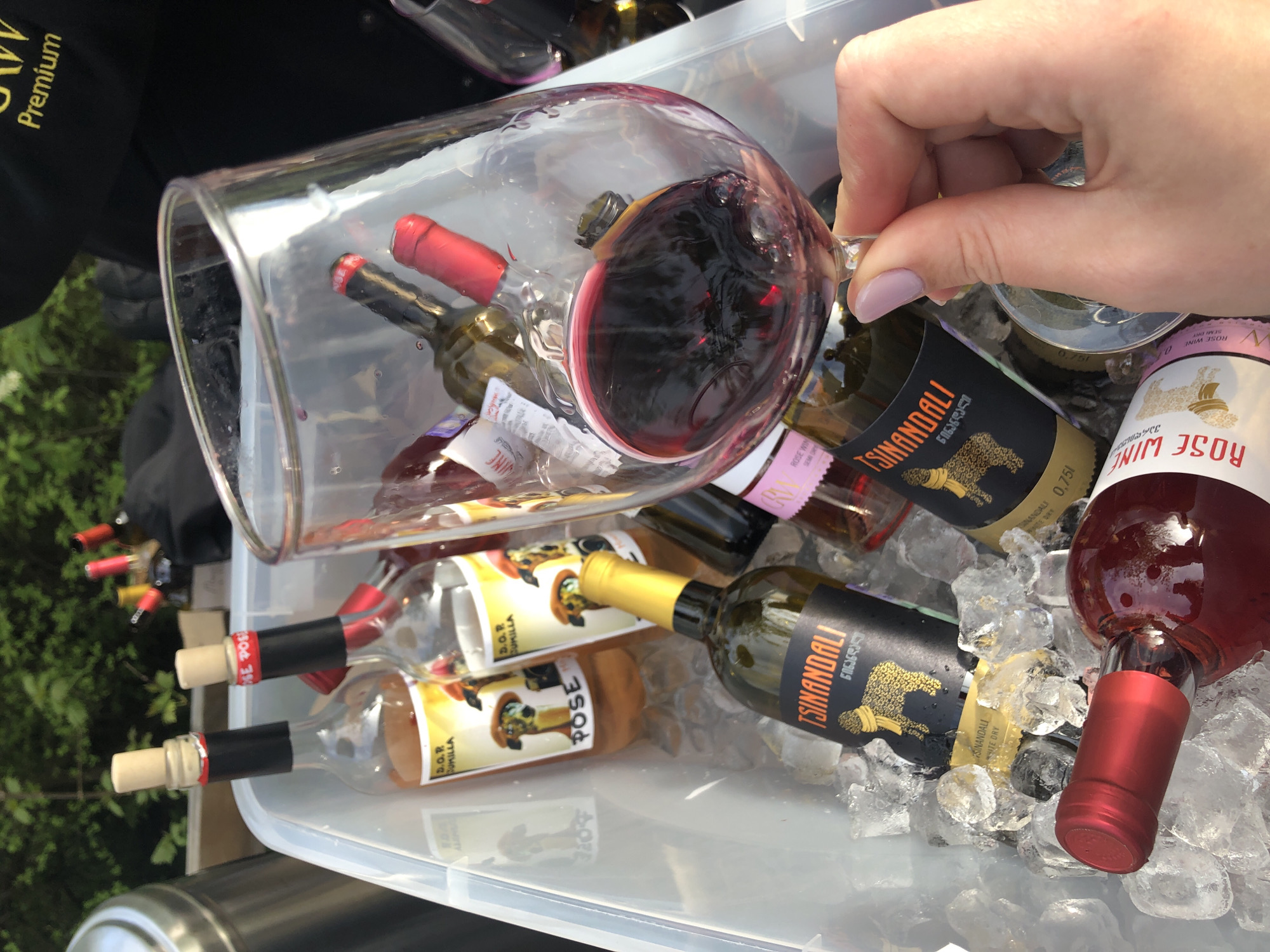 A wine cooler is filled with ice, small bottles of white, red, and rosé wines, and a large wine glass filled with red wine. A person's hand is holding the wine glass. There are multiple labels indicating "Tsinandali" and "Rose Wine" varieties. A few bottles appear to be rose wine varieties from D.O.P. Gumilla and D.O.R. Sumilla. Some bottles appear to be the 0.751 liter size. The words "Premium" and "White Dry," along with "Semi Dry," are visible on some of the bottles. The background shows some greenery, suggesting an outdoor setting. The wine cooler appears to be sitting on a table or countertop. The specific location in Krasnoyarsk, Russia, is not discernible from the image.