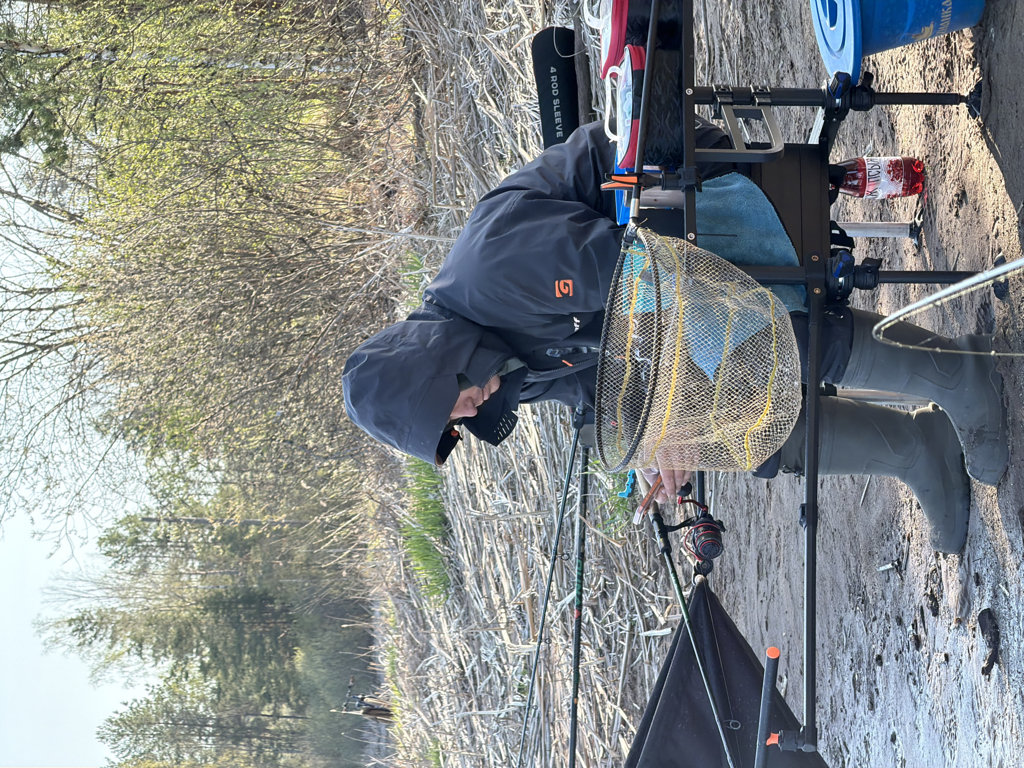 A person wearing a dark-colored hooded jacket and olive-green waders is sitting on a portable fishing platform by a body of water. The person appears to be tending to a fishing rod and reel. The platform is equipped with various fishing accessories, including a landing net, rod sleeves, a drink bottle labeled with Cyrillic text, and a blue bucket. The background consists of dry reeds and early spring foliage. The photo appears to be taken in an outdoor setting, near a lake or river, potentially in or near Chaikovsky, Russia, as indicated by the Cyrillic text on the drink bottle.
