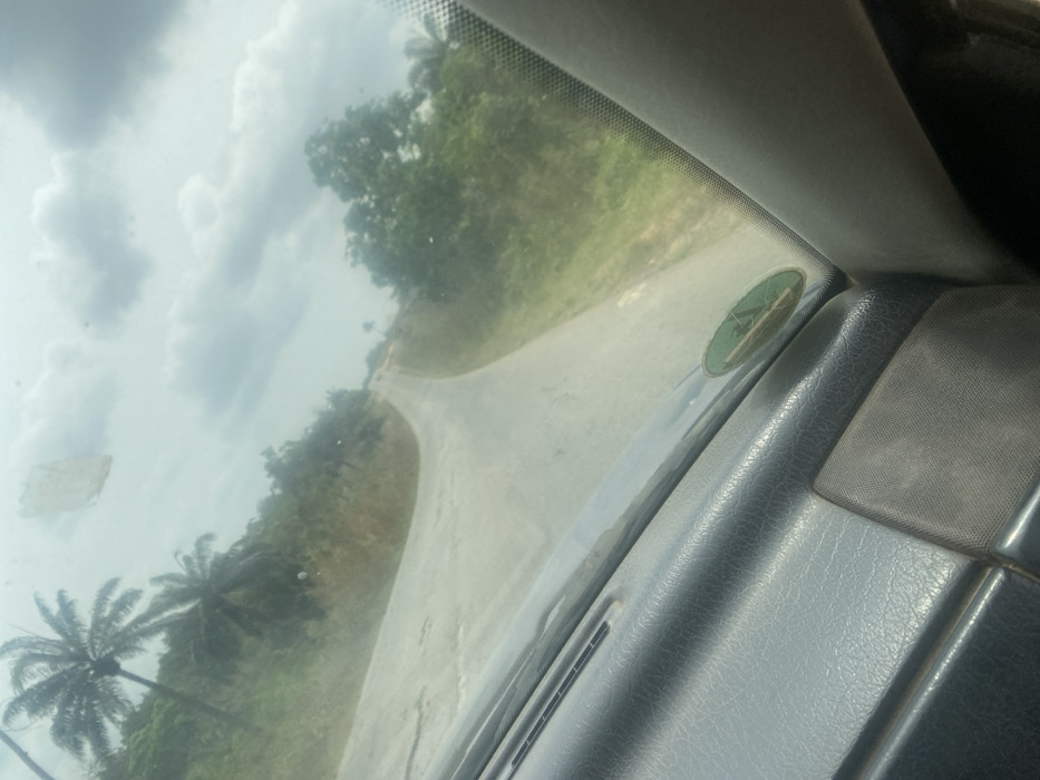 The image depicts a view from inside a stationary or moving vehicle, looking forward through a dust-covered windshield at a road scene in Oka-Akoko, Nigeria. The vehicle's dark-grey, textured dashboard is visible in the foreground, occupying the lower left portion of the frame. A circular green sticker is affixed to the windshield in the lower right.

The road ahead is paved and appears light grey, curving slightly to the left and extending uphill into the distance. It exhibits signs of wear or unevenness. On both sides of the road, dense green vegetation is present, including several prominent palm trees, particularly on the left side, and other varied foliage. The sky above is overcast with visible clouds, indicating a diffused light condition. No individuals, animals, or other vehicles are discernible within the visible road and landscape.