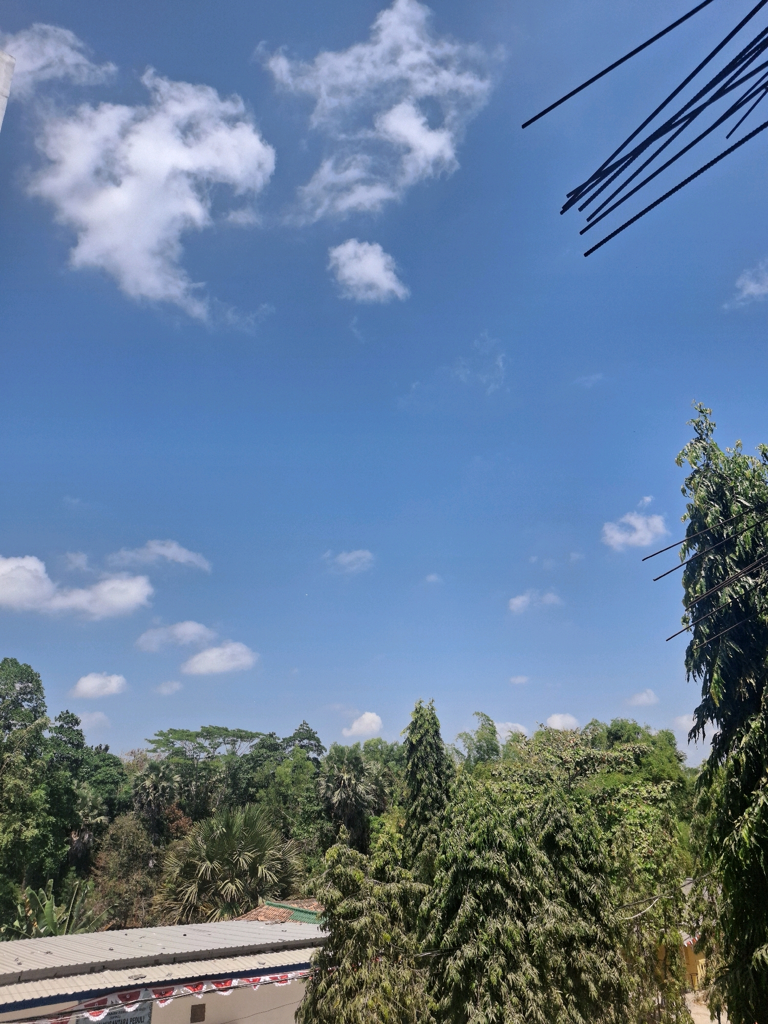 The image captures a view of lush green trees under a bright blue sky with scattered white clouds. In the foreground, the top of a light-colored roof with a tiled section is visible, adorned with a red and white banner featuring text in Indonesian, suggesting a location within Indonesia. Some dark, thin wires are present in the upper right portion of the frame, crisscrossing against the sky. The overall impression is a serene outdoor scene, likely from Potoan Laok, Indonesia, given the context. There are no people or animals visible in the frame.