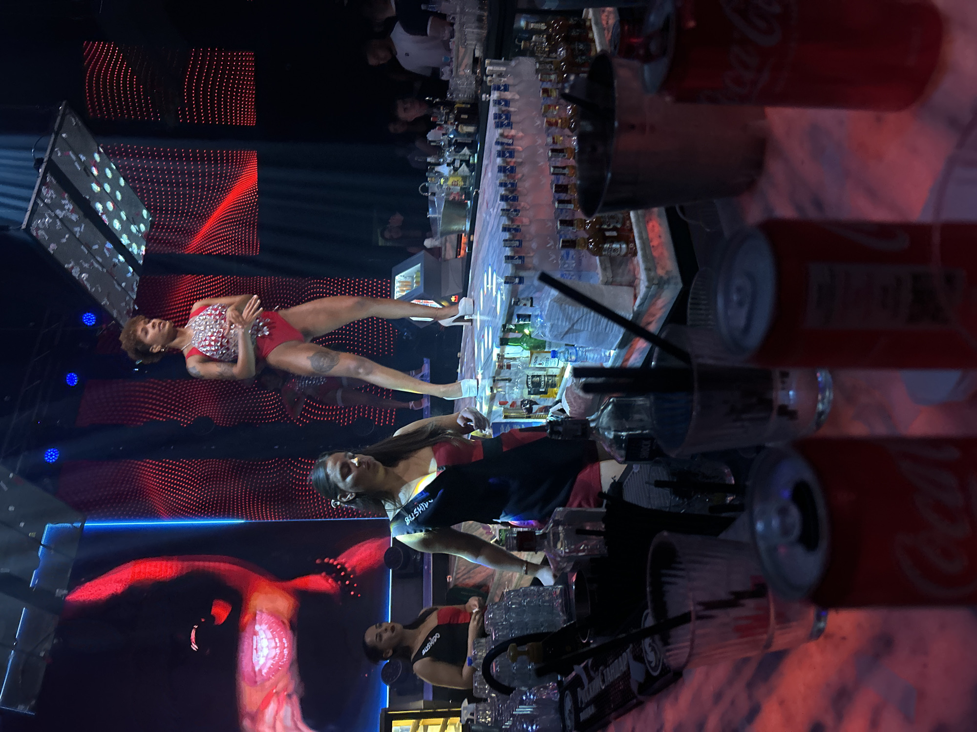 A woman in a red leotard and jeweled top performs on a stage in a nightclub. She stands on a platform above a bar area where two women in black and red uniforms are working. The bar is stocked with bottles of alcohol and glasses, and several cans of Coca-Cola are in the foreground. Red and blue lights illuminate the stage, and a large screen behind the performer displays abstract red graphics. The overall atmosphere is dark and energetic, typical of a nightclub environment. The location of this club is unknown but it is located in the city of Plovdiv, Bulgaria.